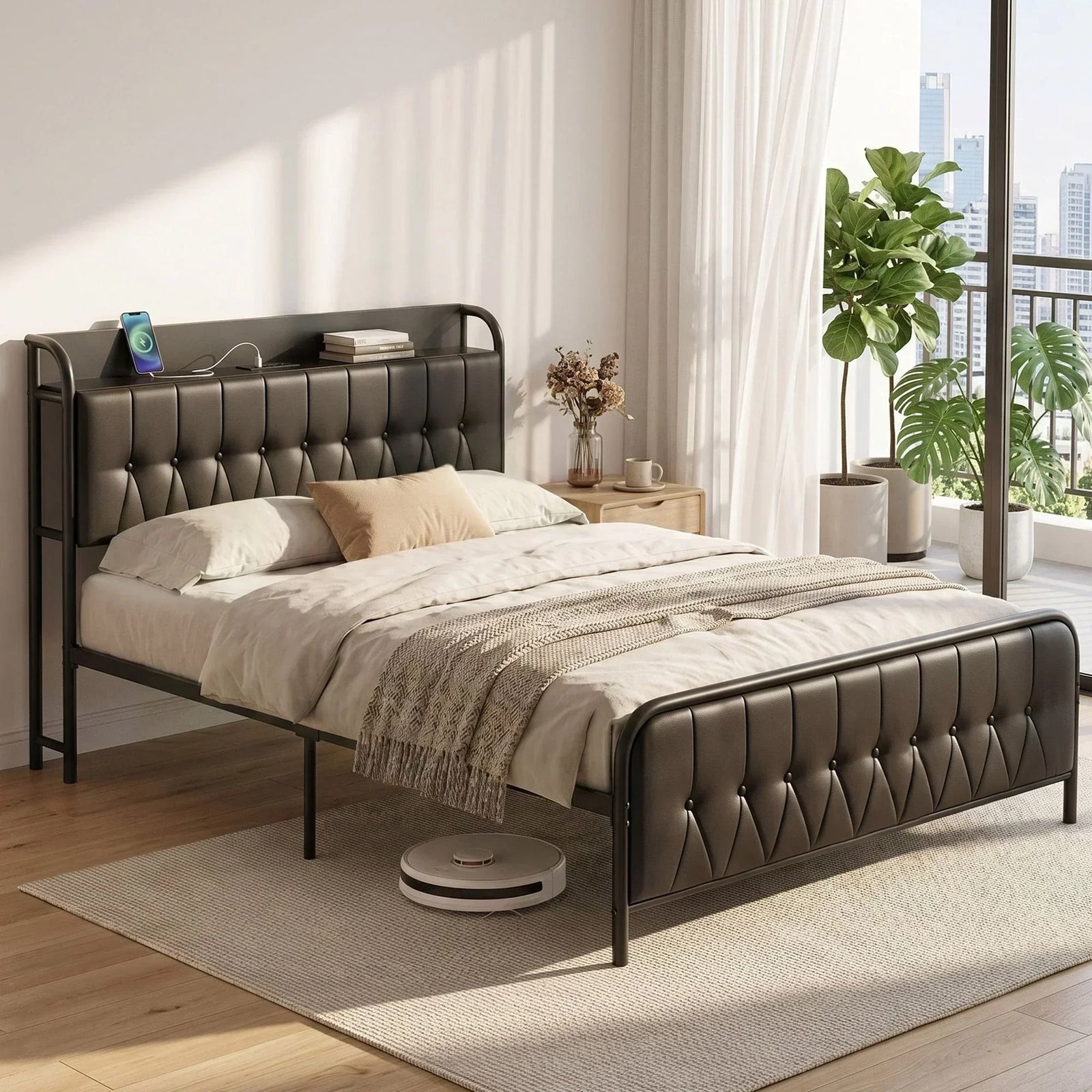 Double Bed Frame with Storage Headboard SAA Certified Charging Station