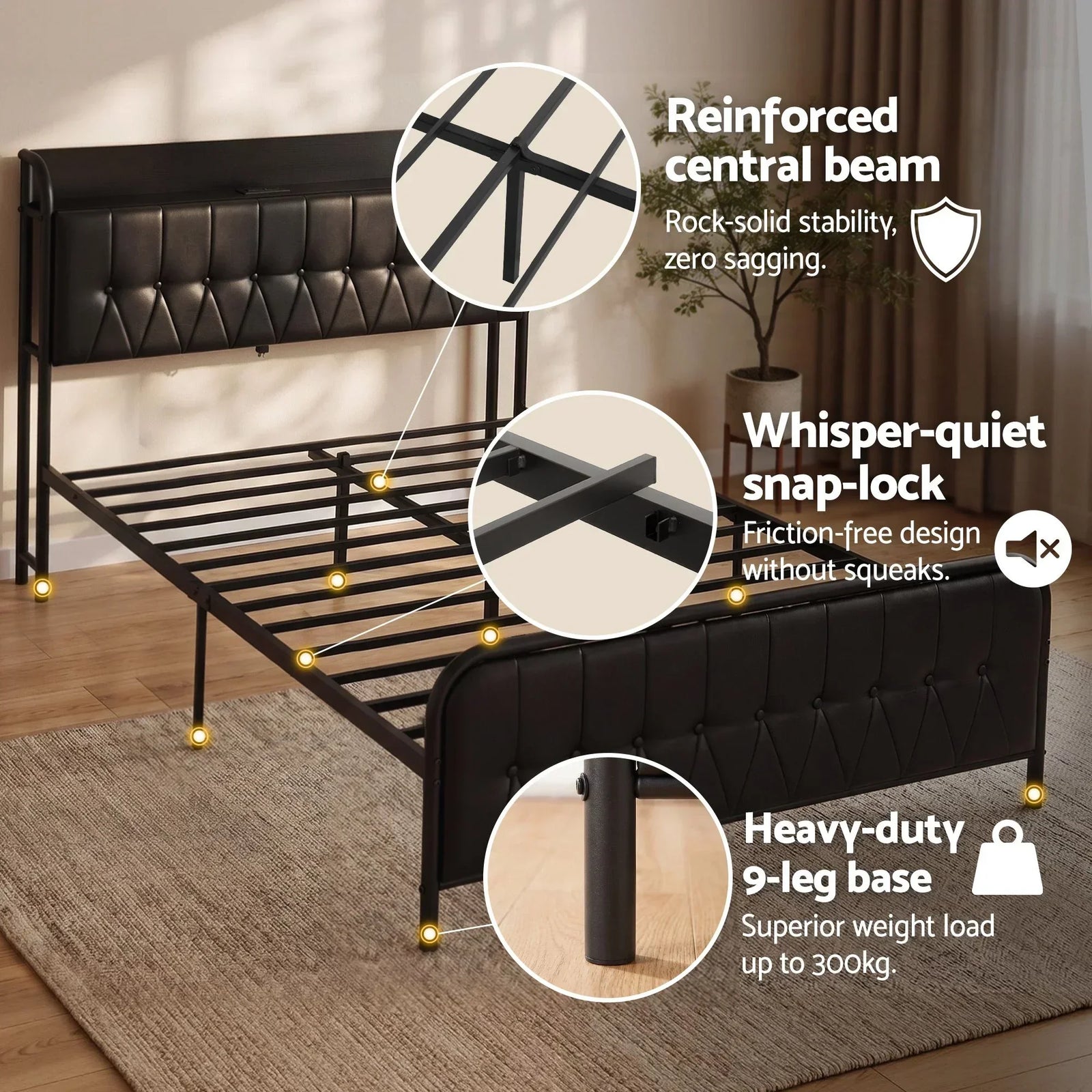 Double Bed Frame with Storage Headboard SAA Certified Charging Station
