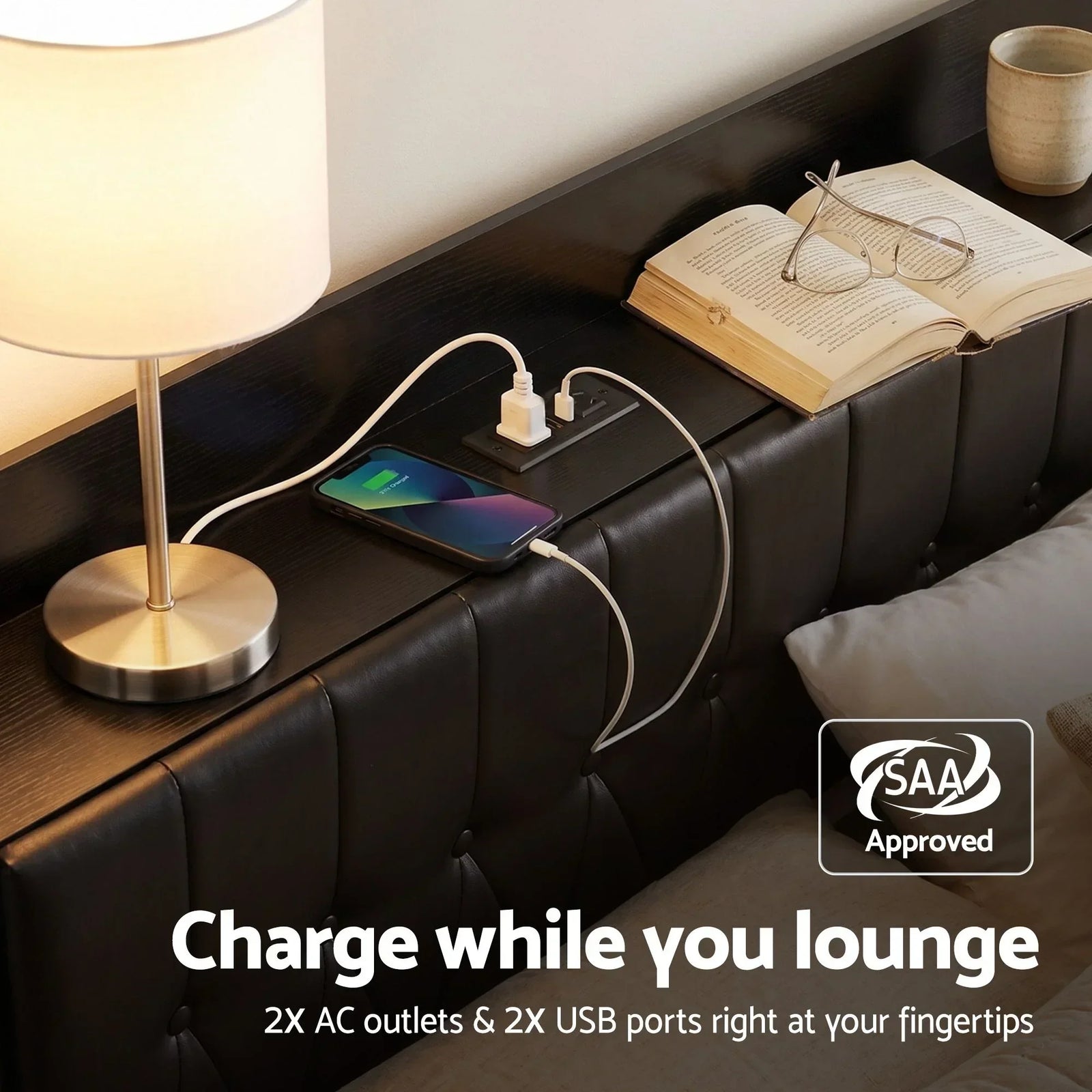 King Bed Frame with Storage Headboard SAA Certified Charging Station
