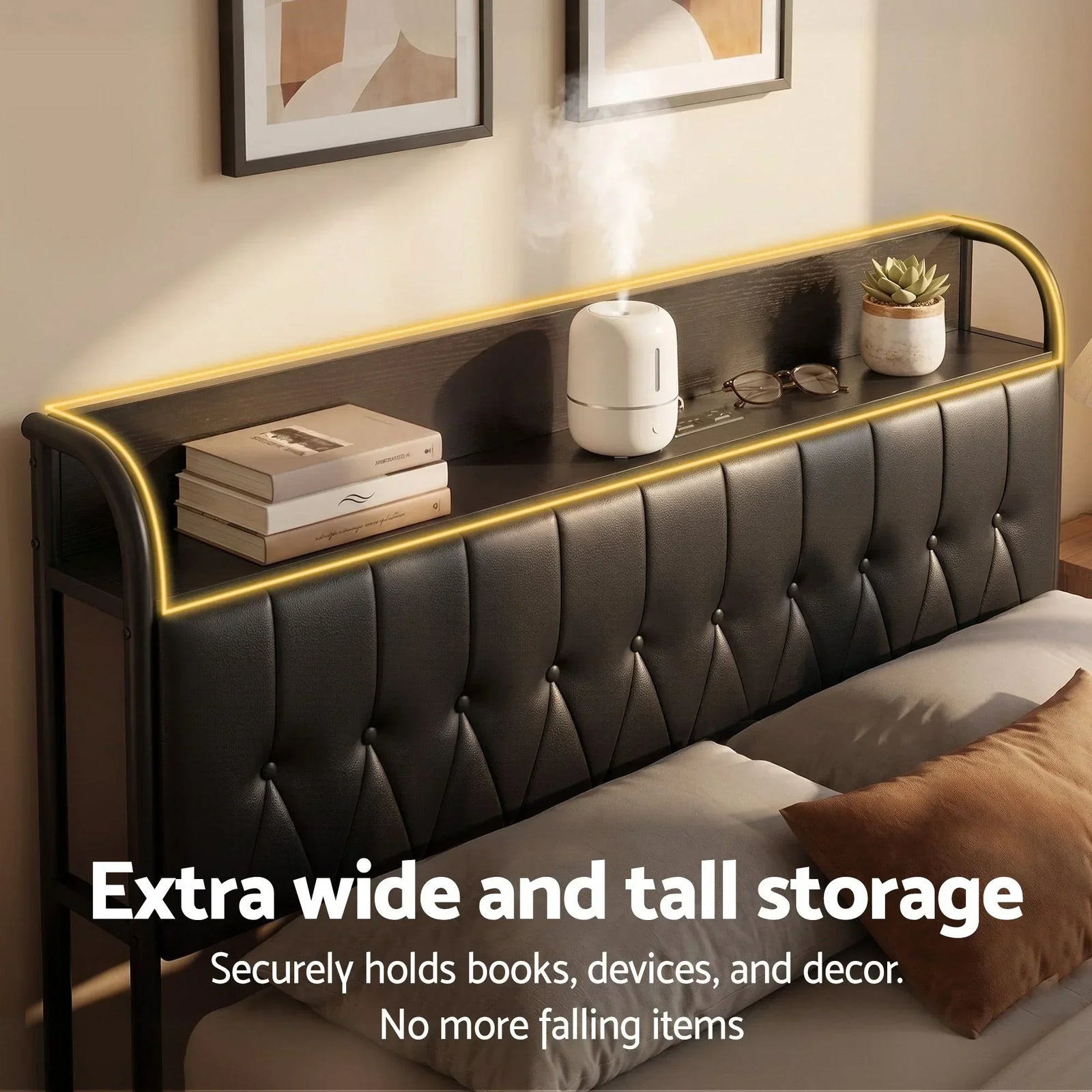 Queen Bed Frame with Storage Headboard SAA Certified Charging Station