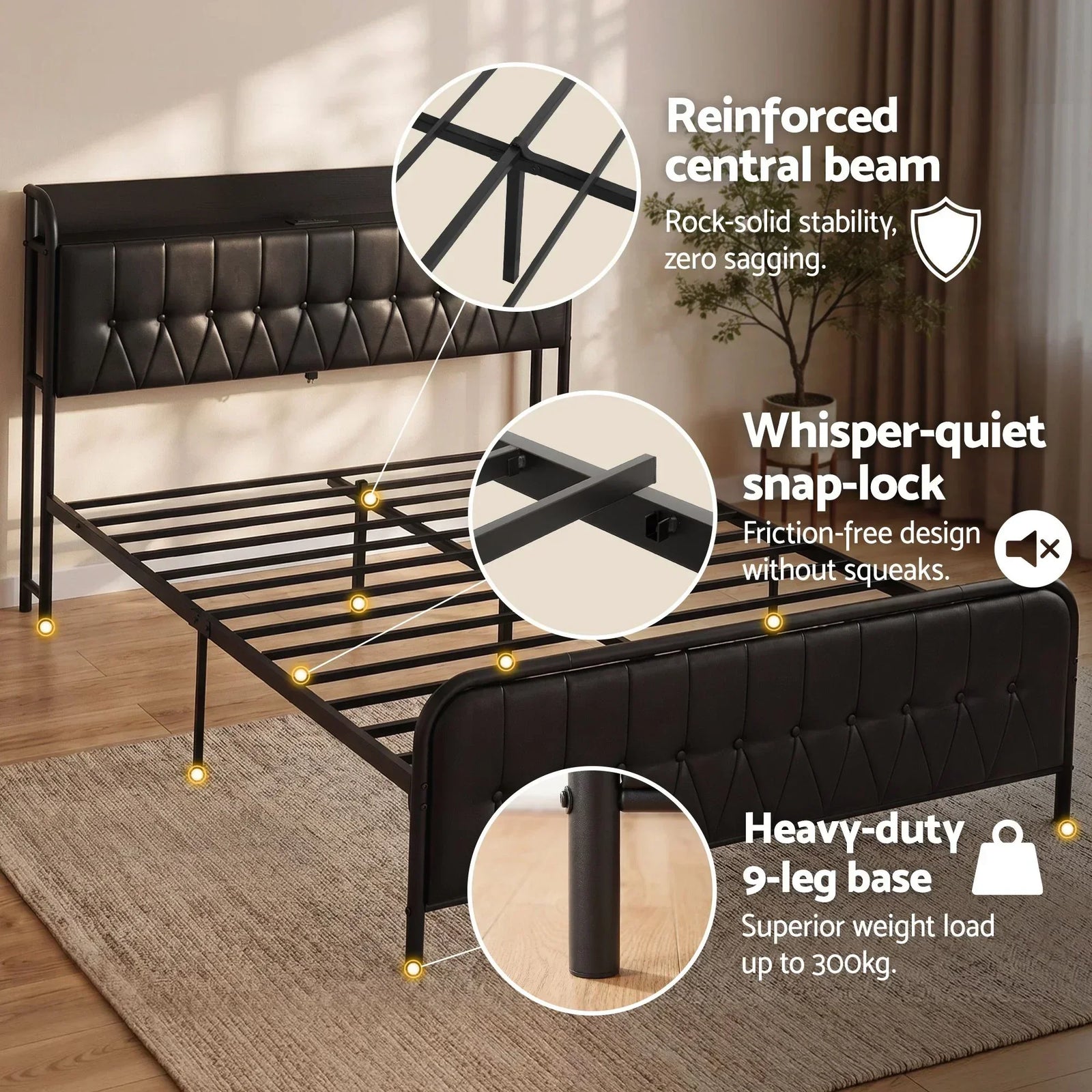 Queen Bed Frame with Storage Headboard SAA Certified Charging Station