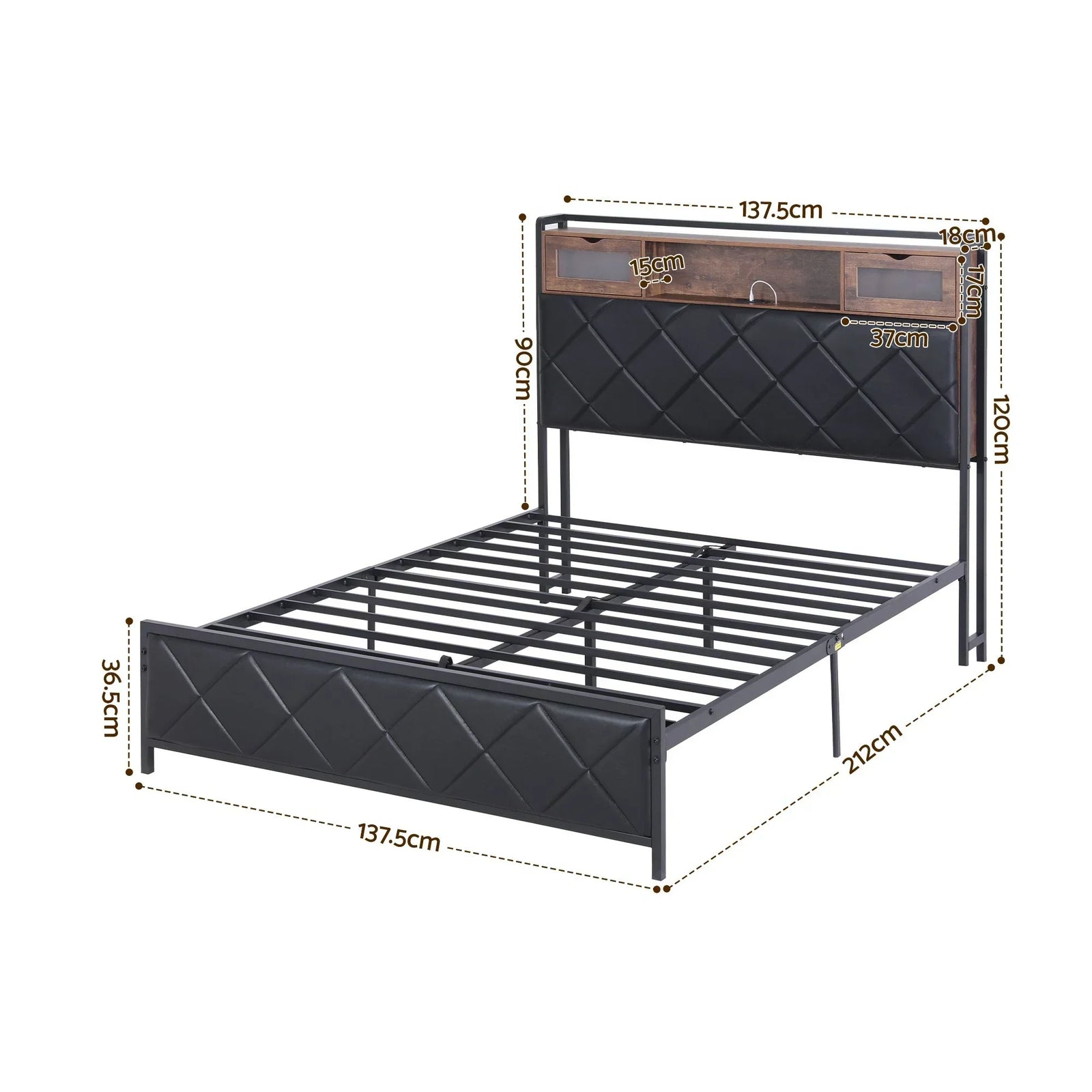 Double Bed Frame with LED Lights Storage Headboard 2 USB 2 AC Outlets Charging Station