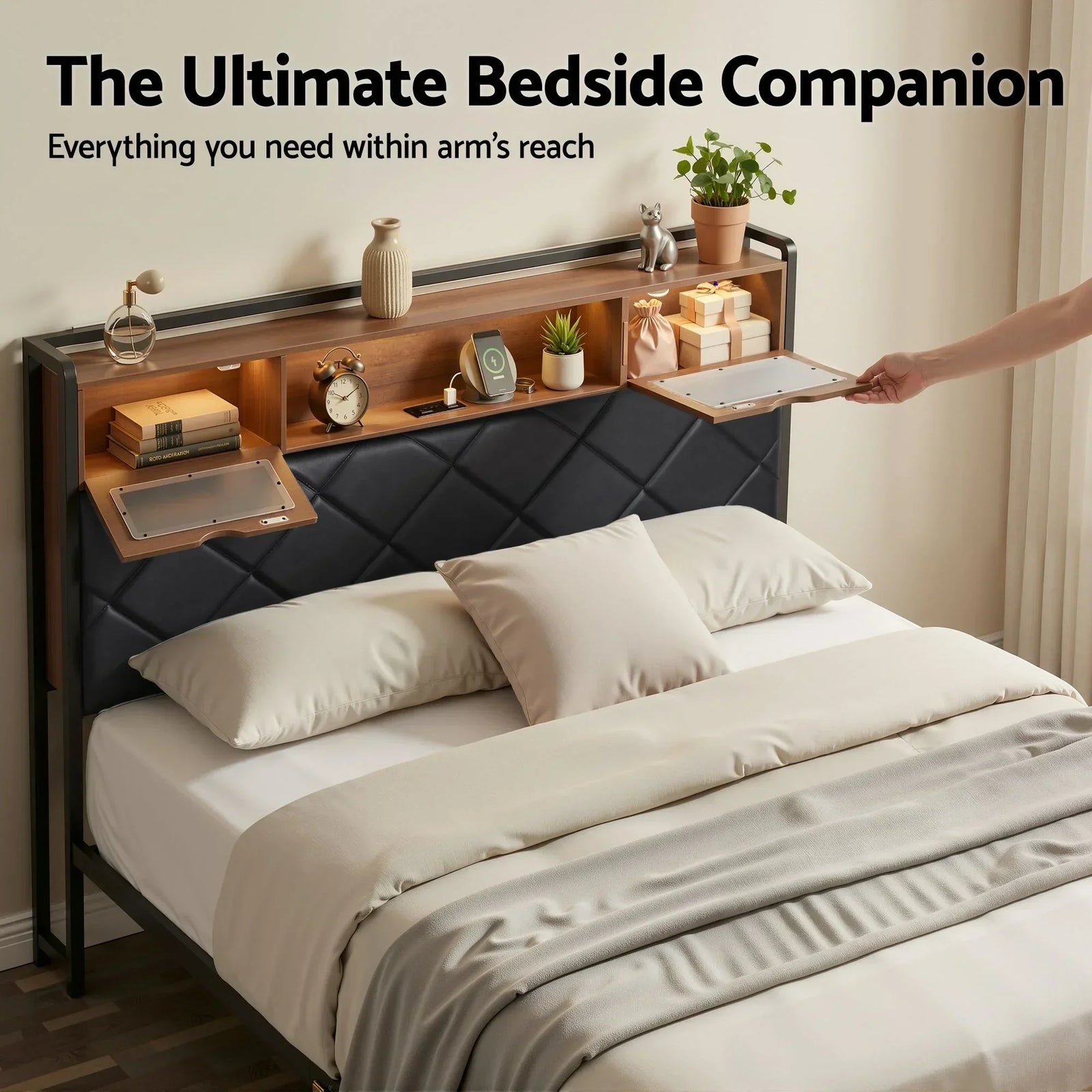 Double Bed Frame with LED Lights Storage Headboard 2 USB 2 AC Outlets Charging Station