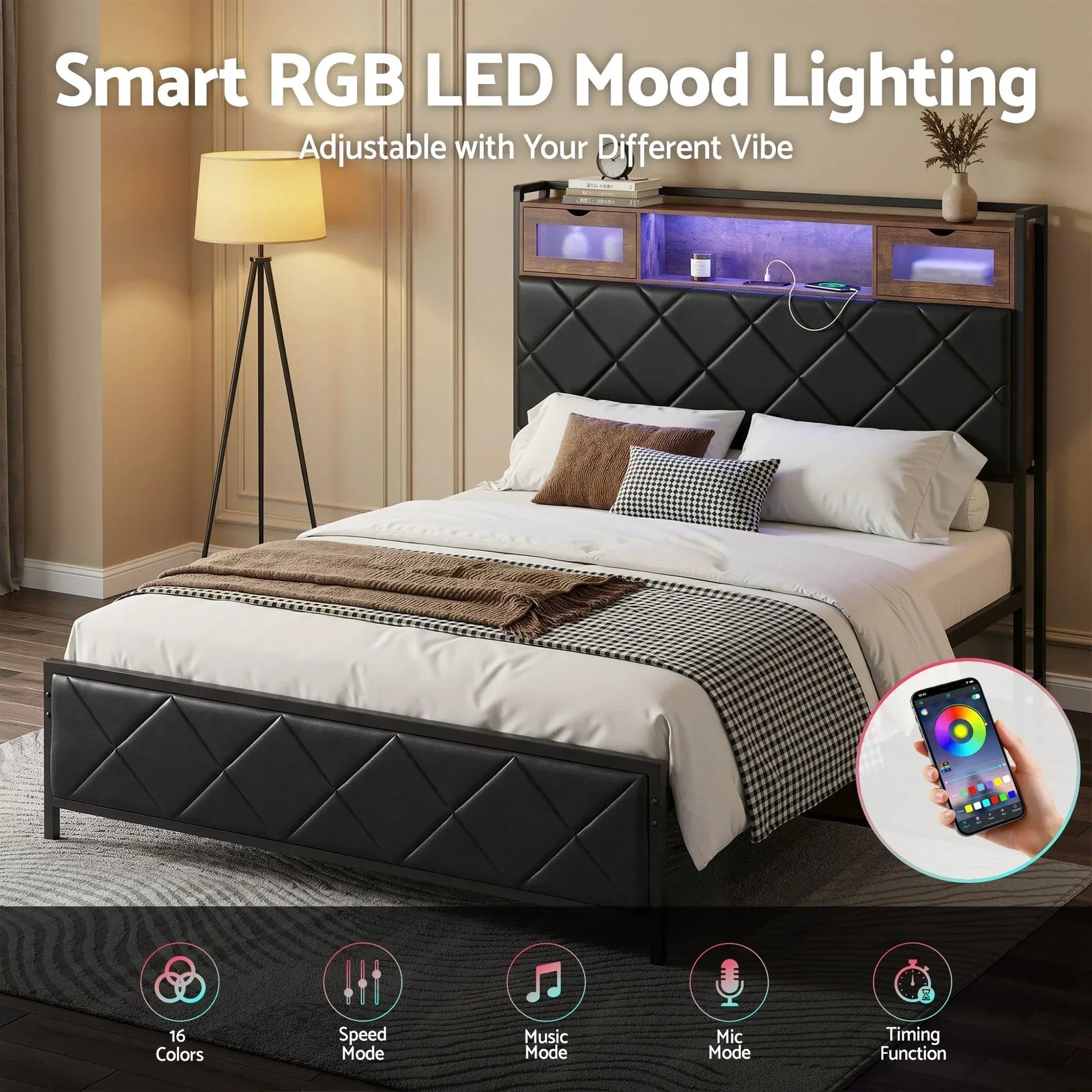 Double Bed Frame with LED Lights Storage Headboard 2 USB 2 AC Outlets Charging Station