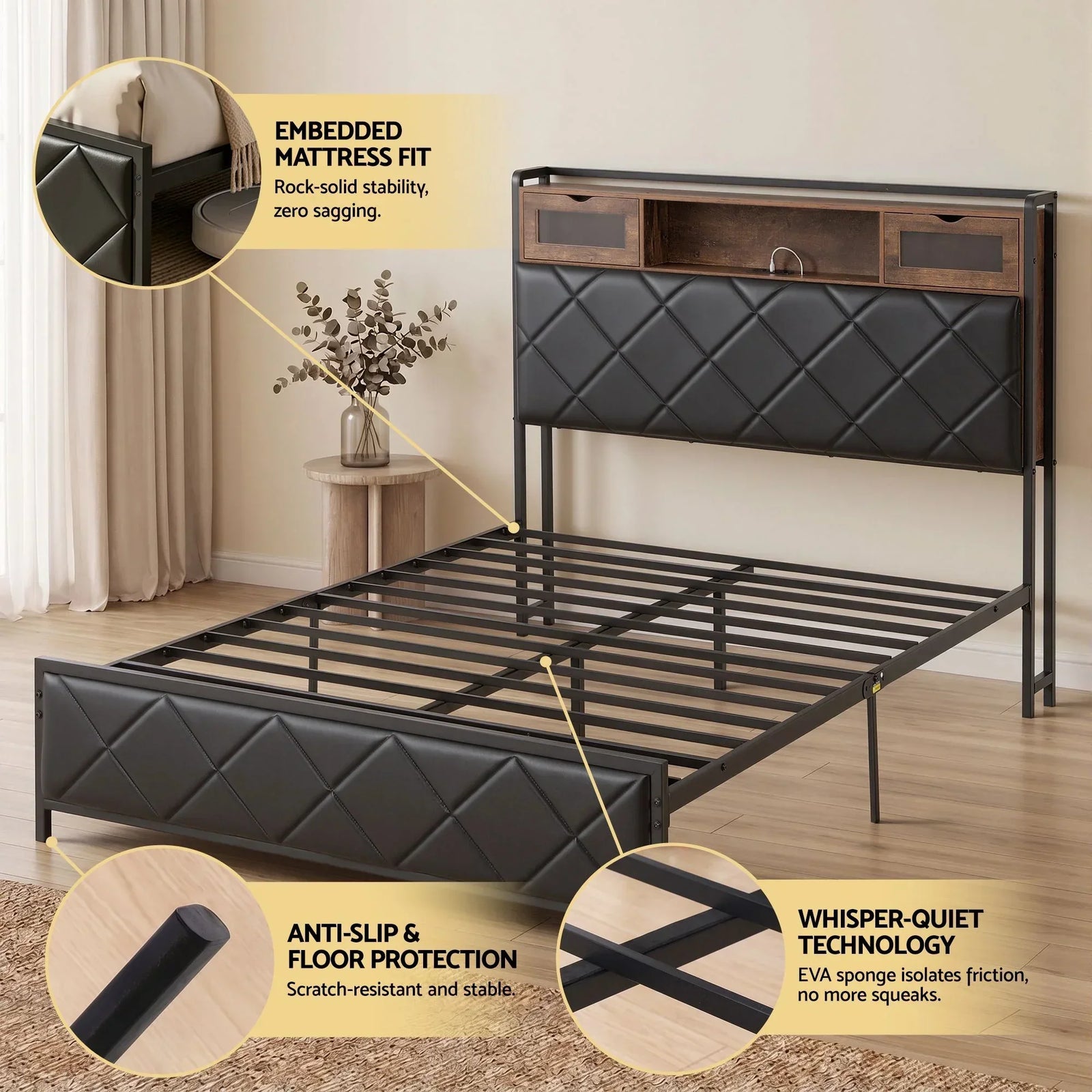 Double Bed Frame with LED Lights Storage Headboard 2 USB 2 AC Outlets Charging Station