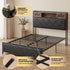 Double Bed Frame with LED Lights Storage Headboard 2 USB 2 AC Outlets Charging Station