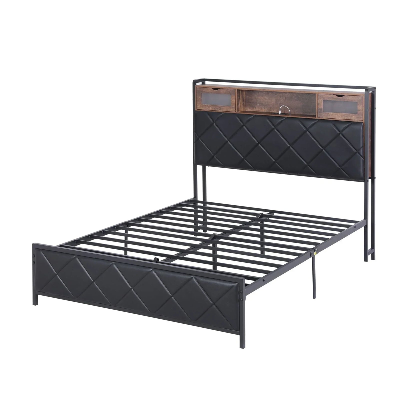 Double Bed Frame with LED Lights Storage Headboard 2 USB 2 AC Outlets Charging Station