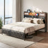King Bed Frame with LED Lights and Storage Headboard Charging Station