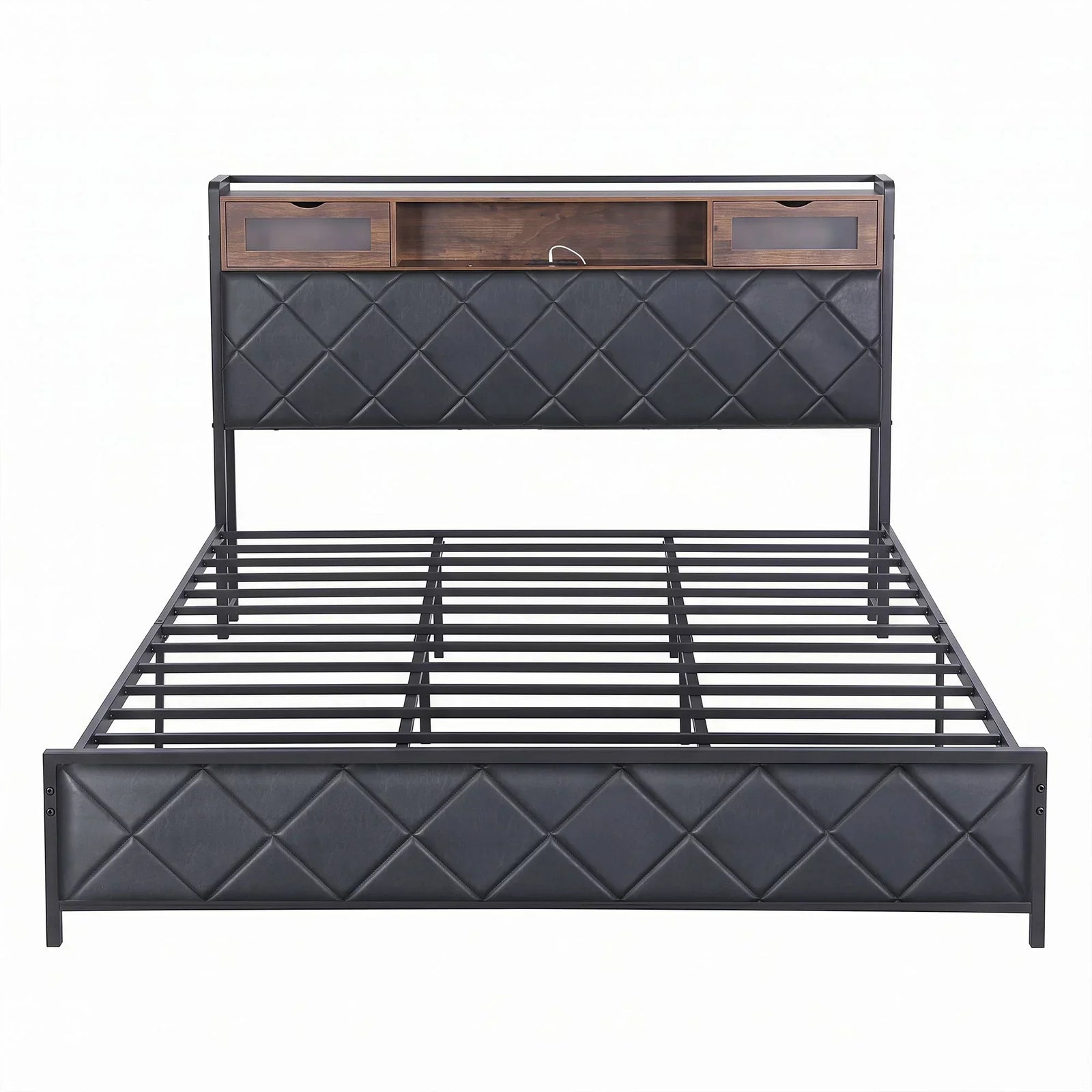 King Bed Frame with LED Lights and Storage Headboard Charging Station
