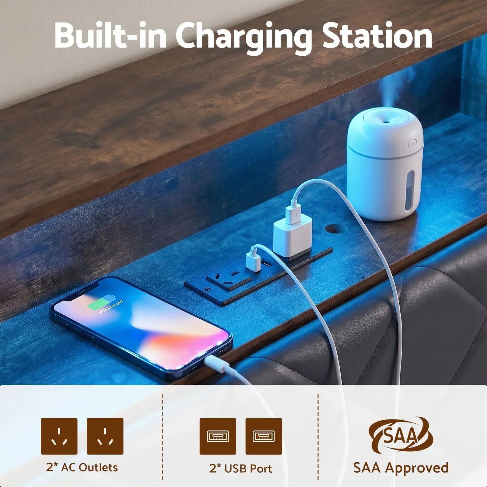 King Bed Frame with LED Lights and Storage Headboard Charging Station