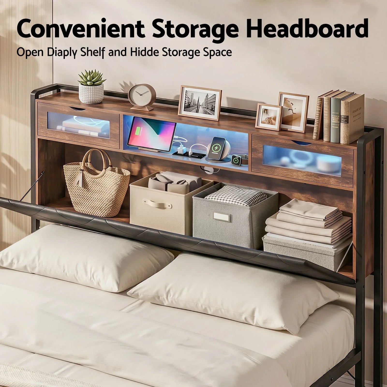 King Bed Frame with LED Lights and Storage Headboard Charging Station