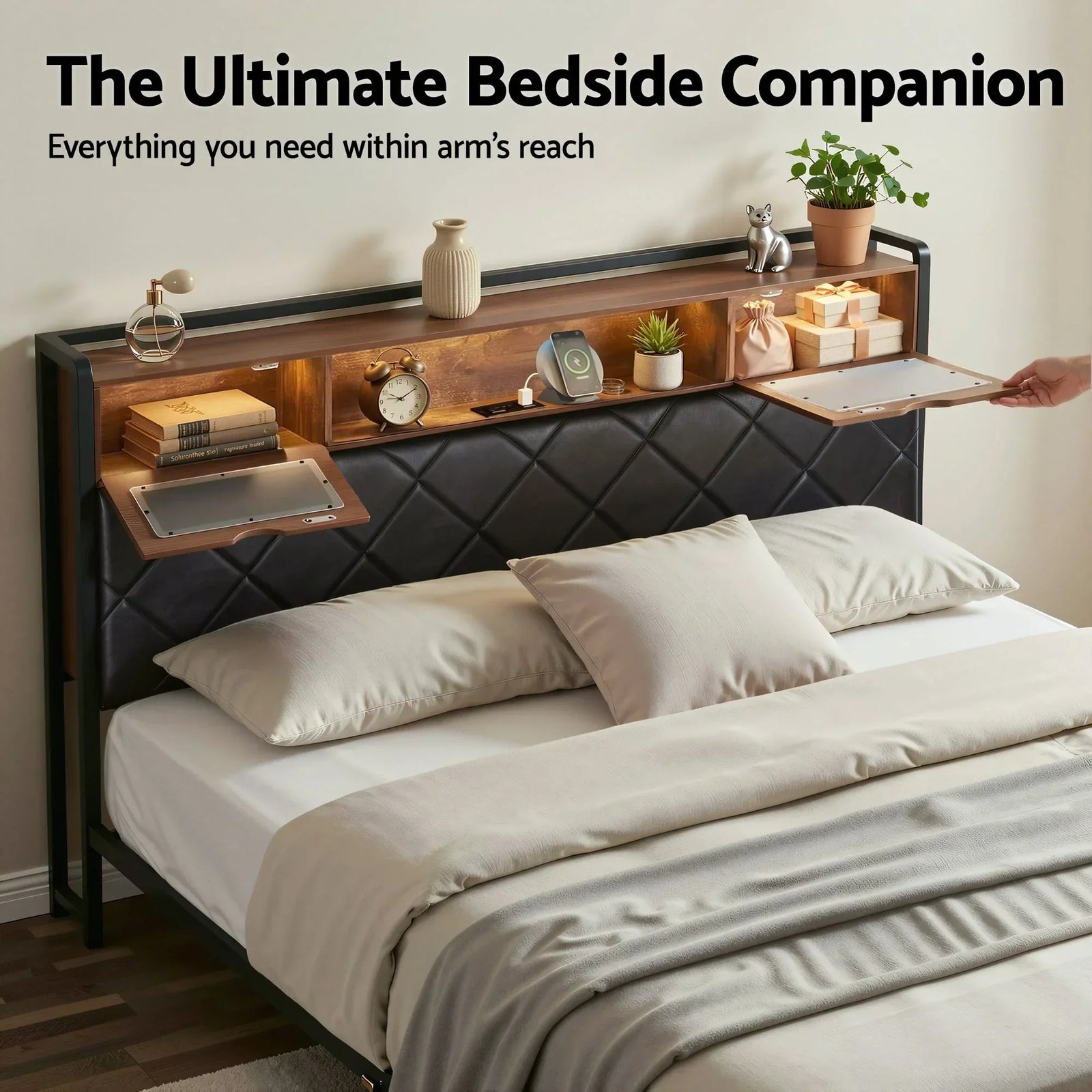 King Bed Frame with LED Lights and Storage Headboard Charging Station