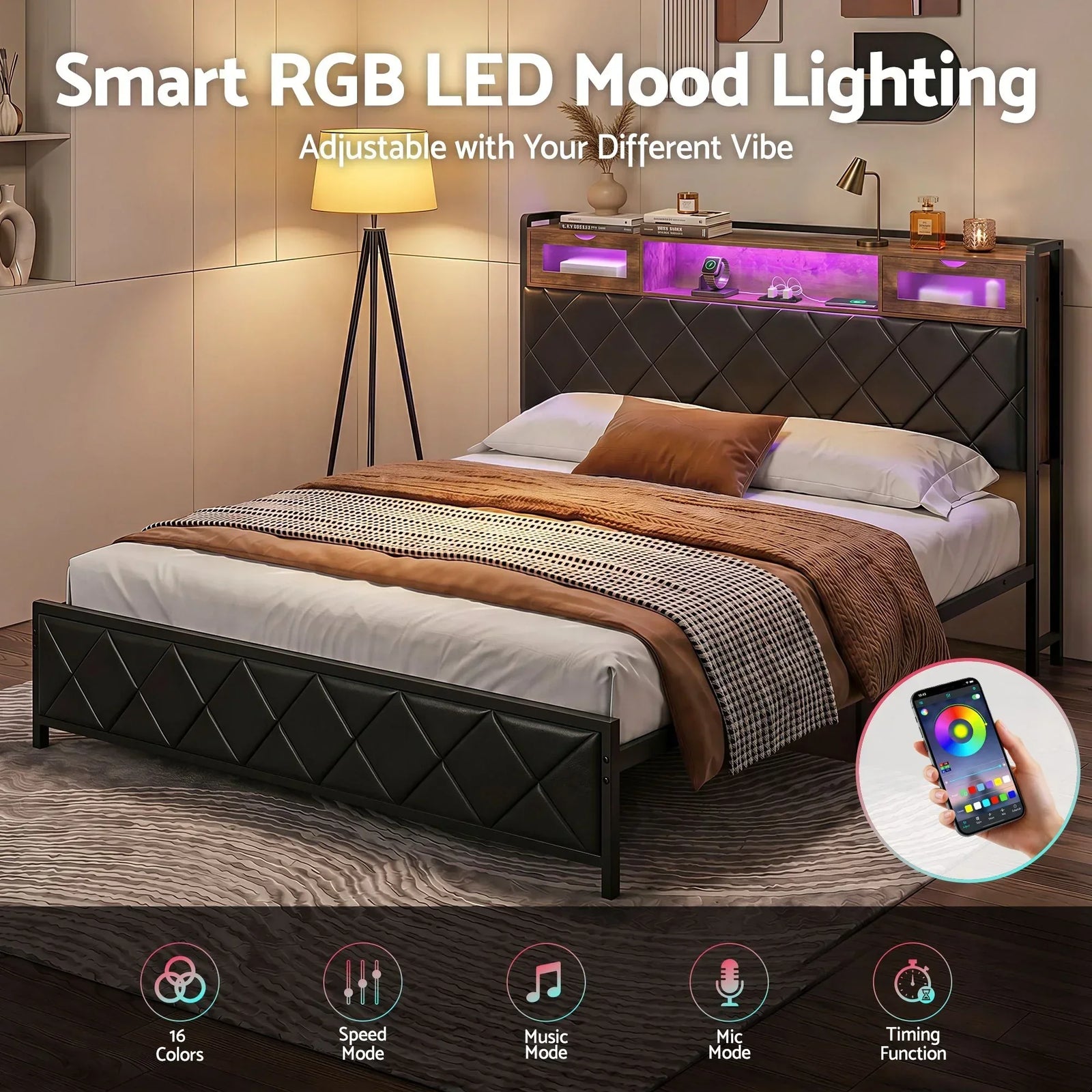 King Bed Frame with LED Lights and Storage Headboard Charging Station