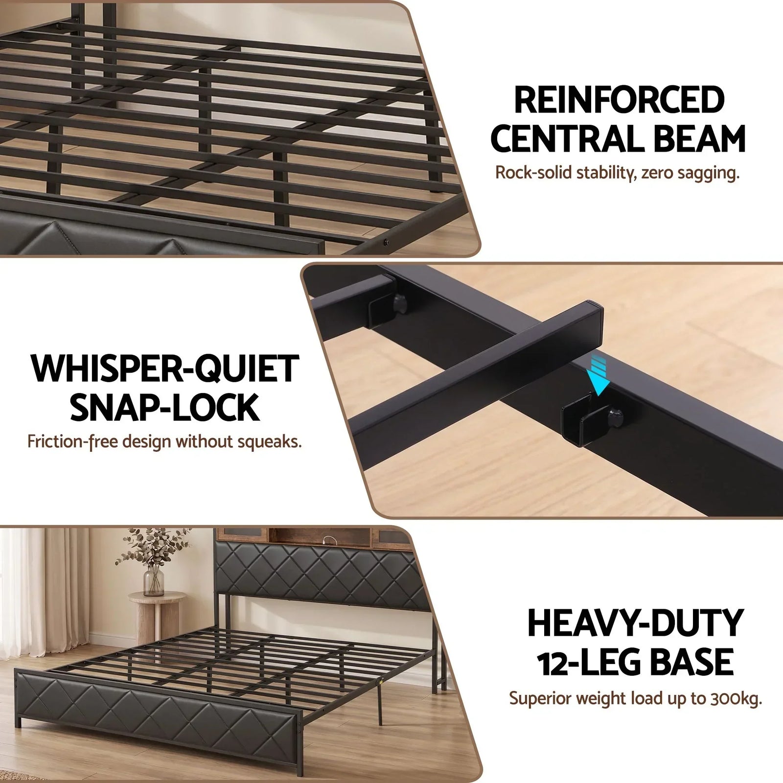 King Bed Frame with LED Lights and Storage Headboard Charging Station
