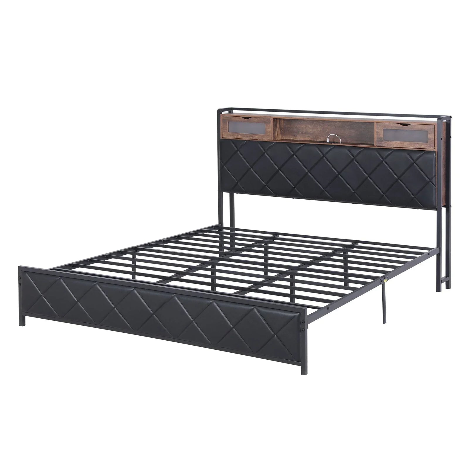King Bed Frame with LED Lights and Storage Headboard Charging Station
