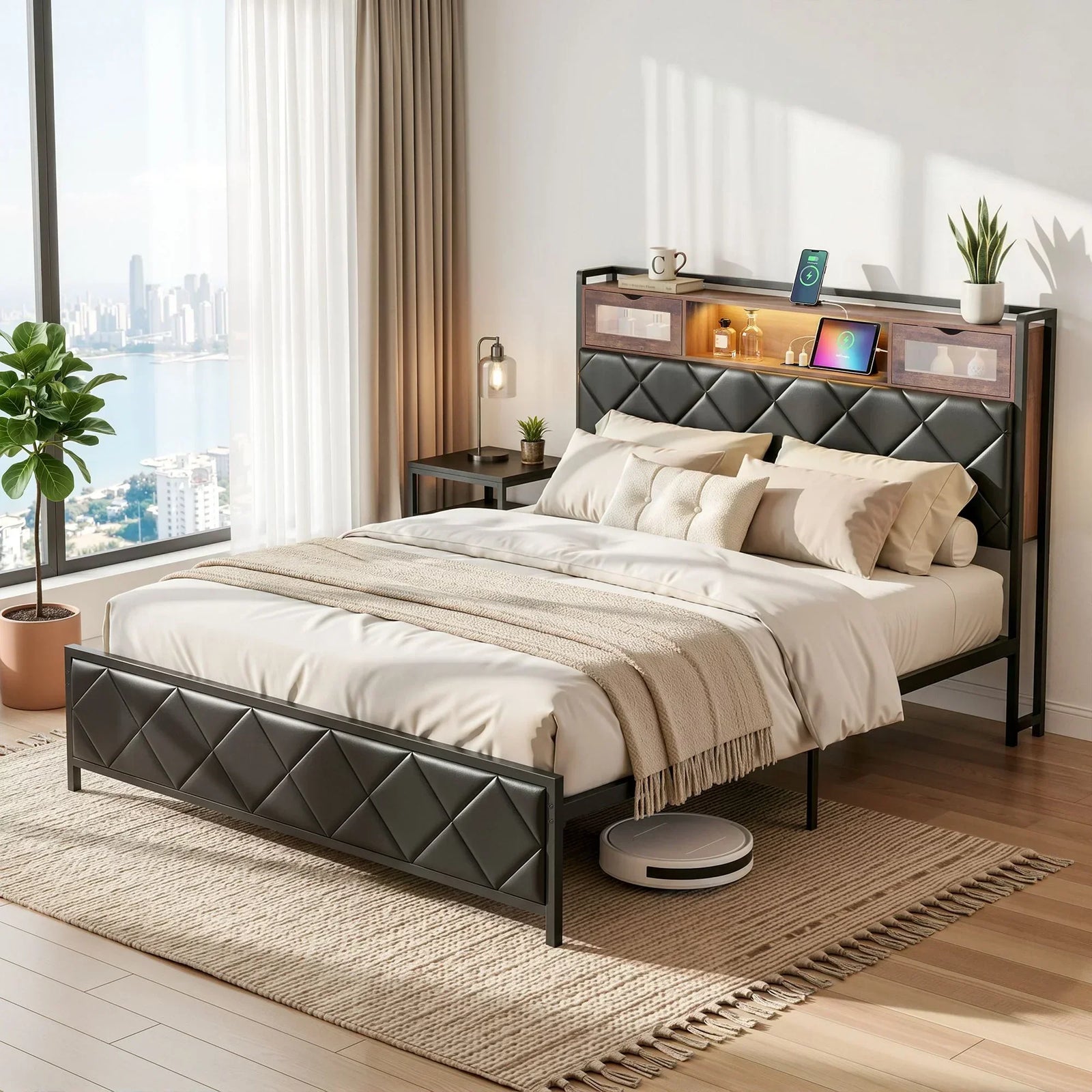 Queen Bed Frame with LED Lights and Storage Headboard Charging Station