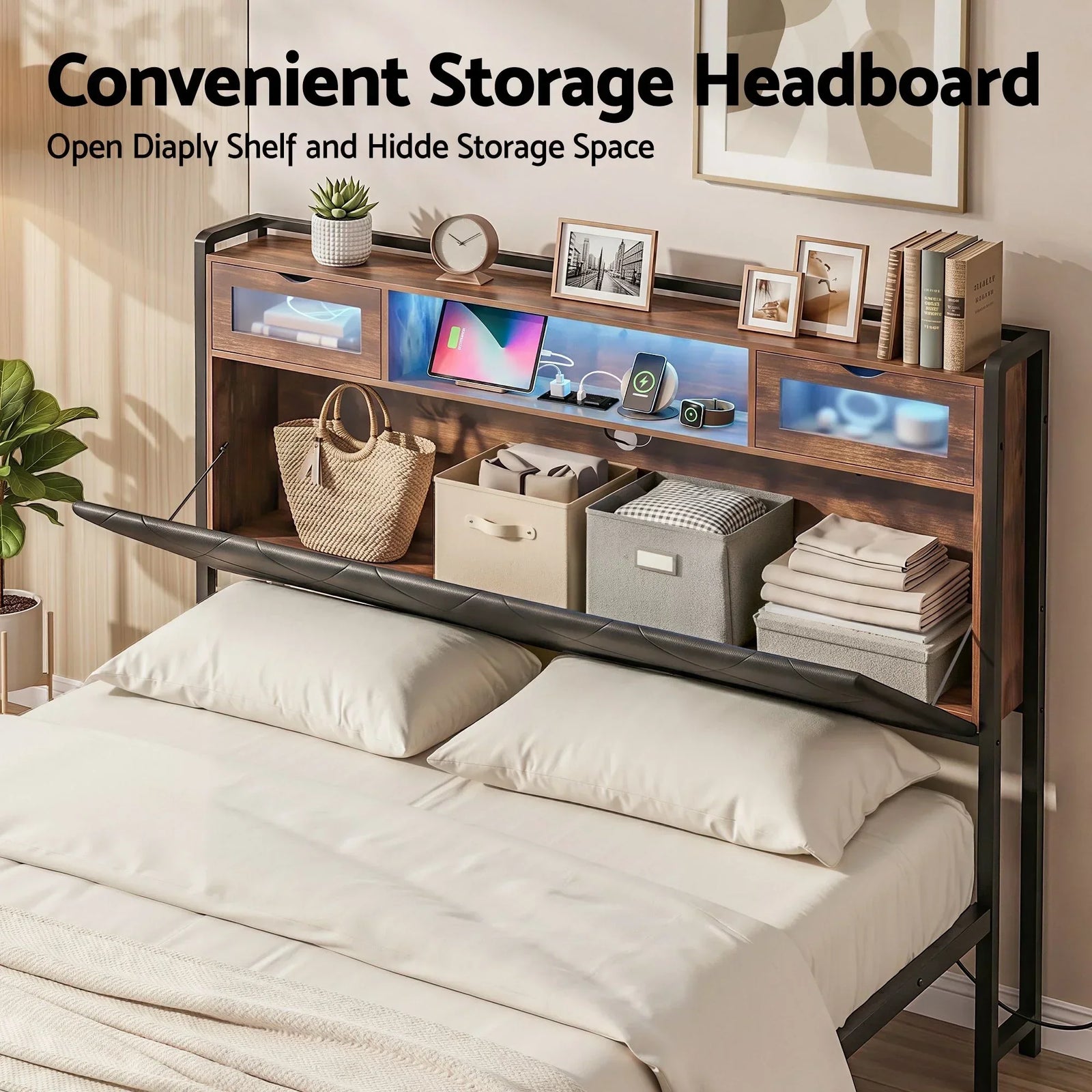 Queen Bed Frame with LED Lights and Storage Headboard Charging Station