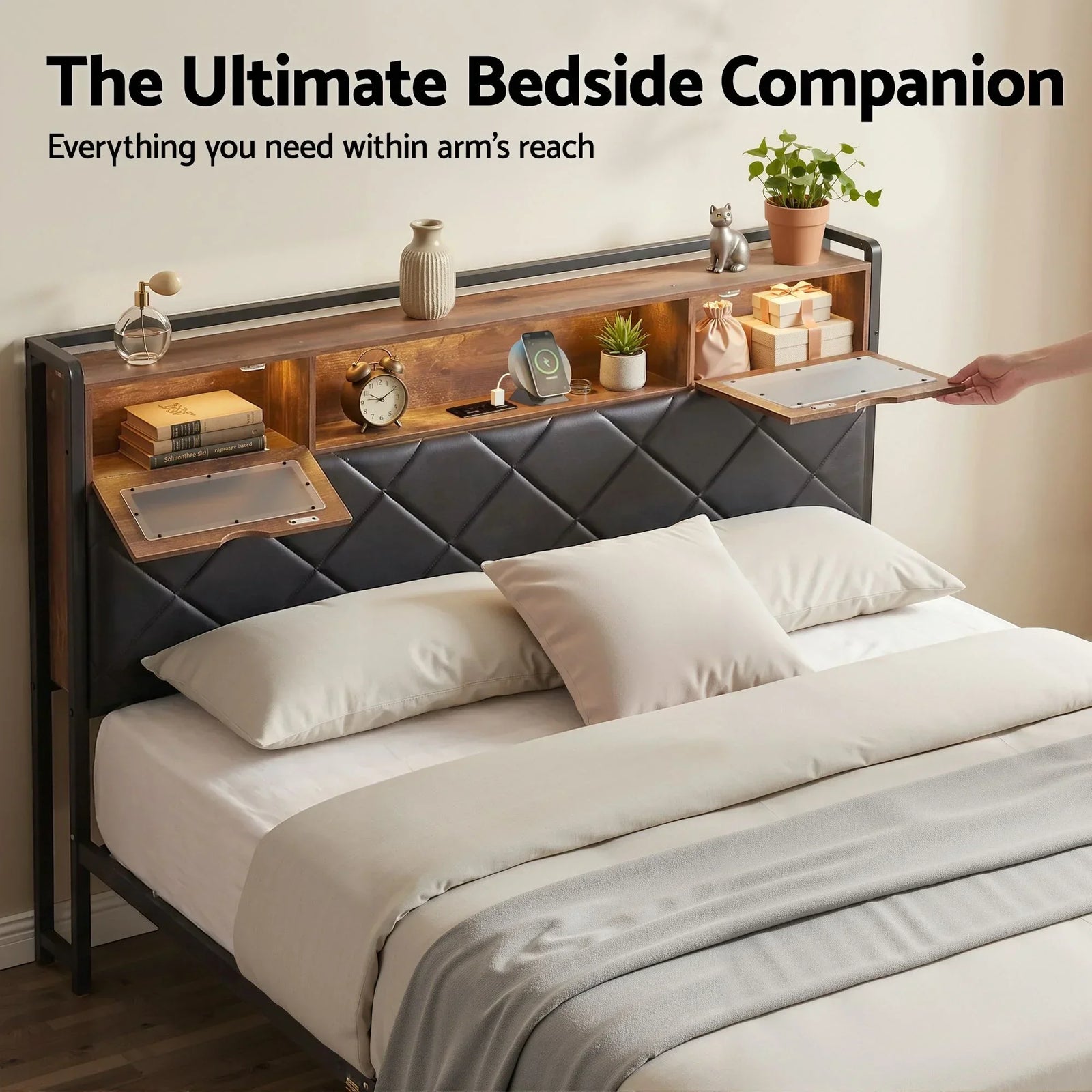 Queen Bed Frame with LED Lights and Storage Headboard Charging Station