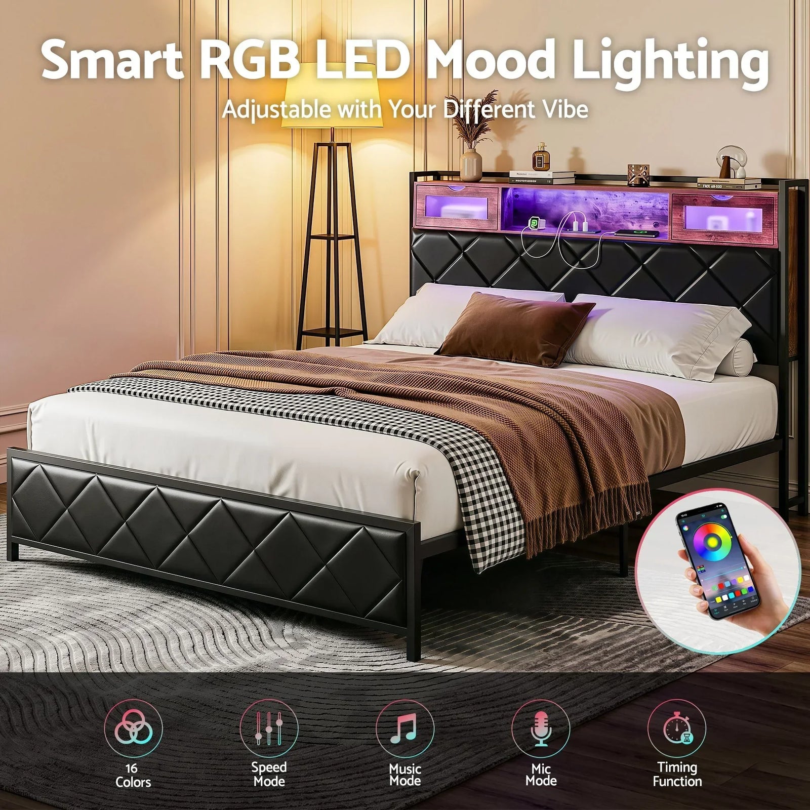 Queen Bed Frame with LED Lights and Storage Headboard Charging Station