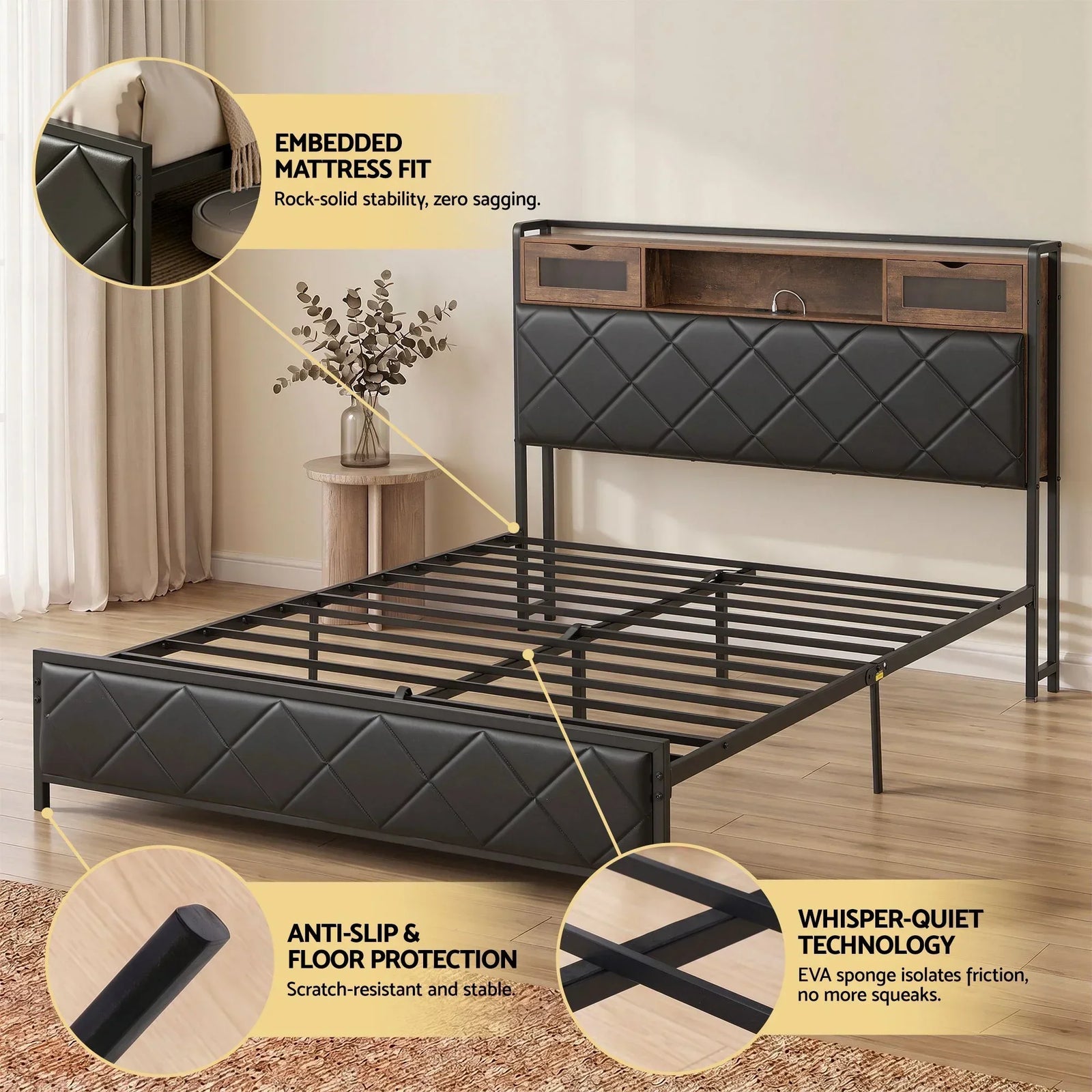 Queen Bed Frame with LED Lights and Storage Headboard Charging Station