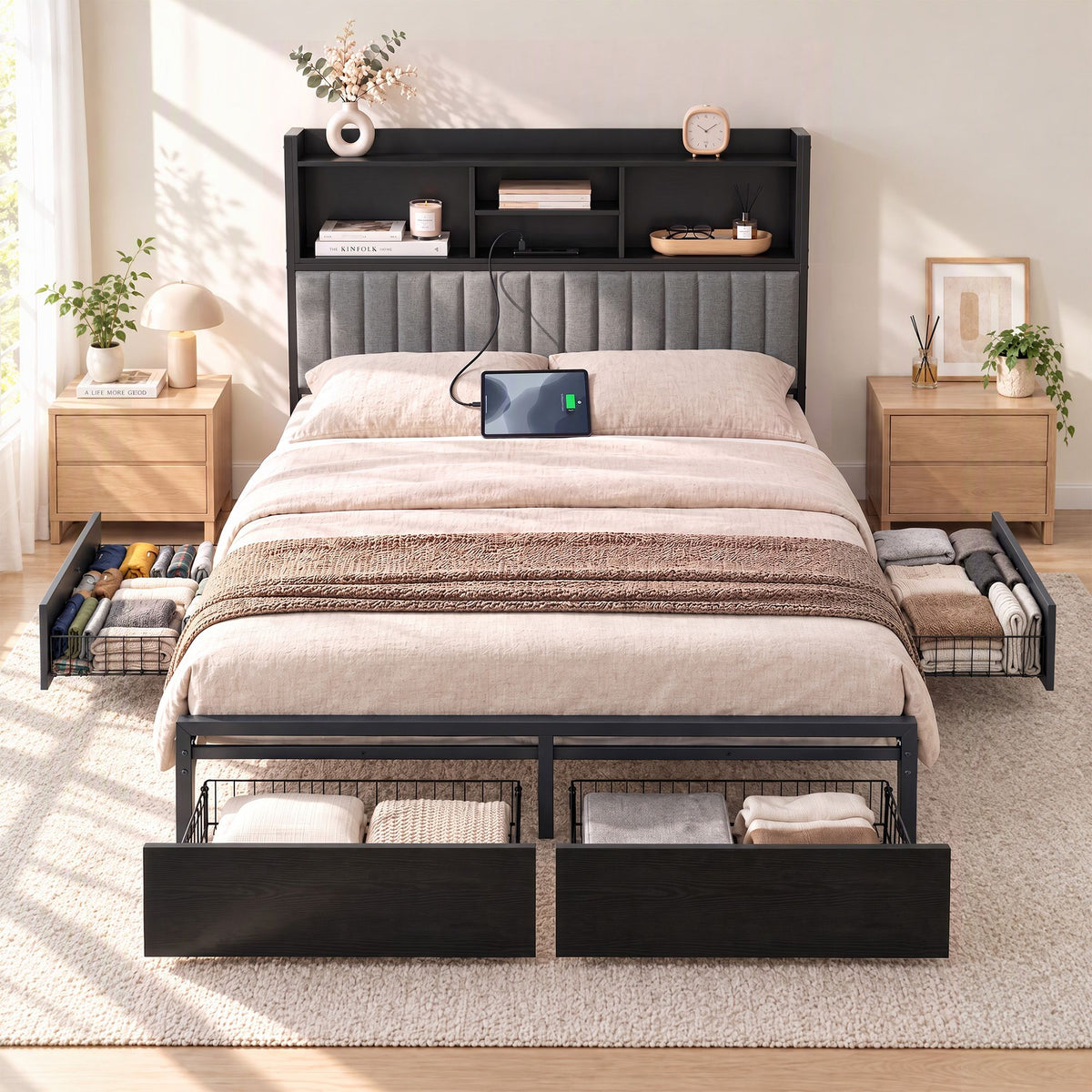 Artiss Queen Bed Frame with Storage, 4 Drawers and Charging Station