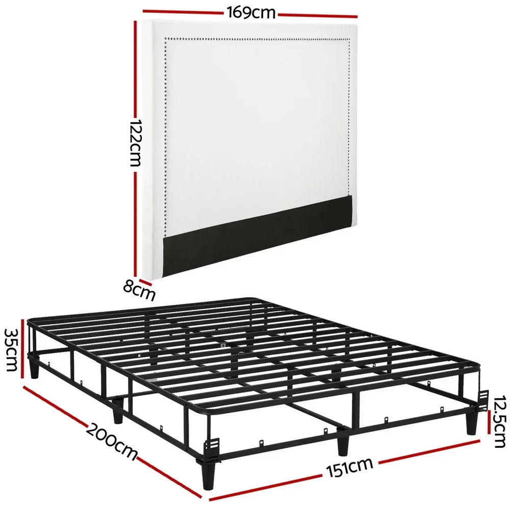 Queen Bed Frame with Headboard Platform Bed Base Grey Beige Fabric Metal