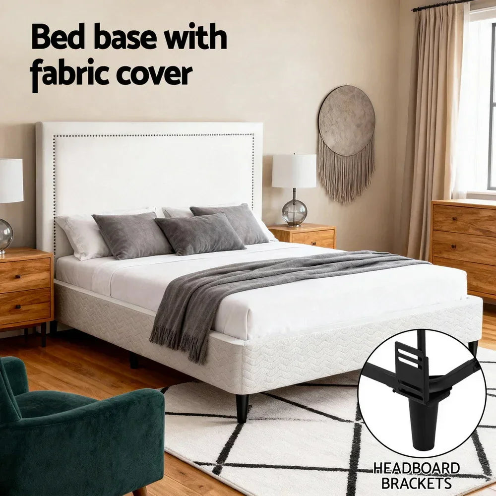 Queen Bed Frame with Headboard Platform Bed Base Grey Beige Fabric Metal