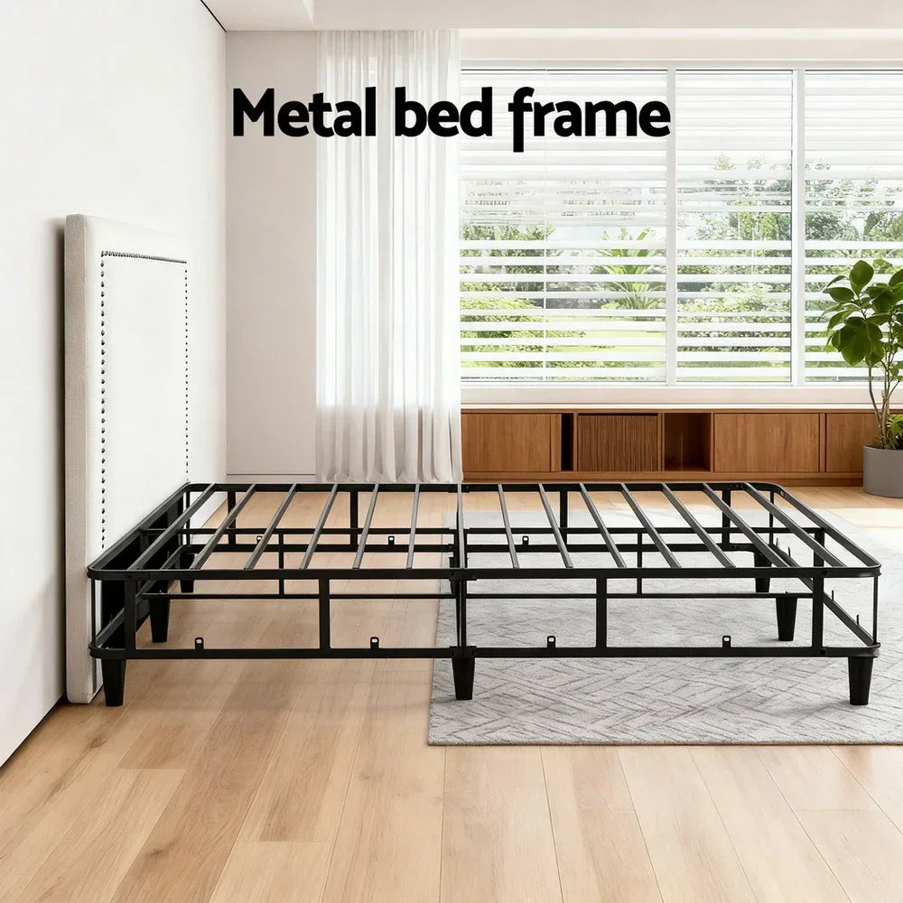 Queen Bed Frame with Headboard Platform Bed Base Grey Beige Fabric Metal