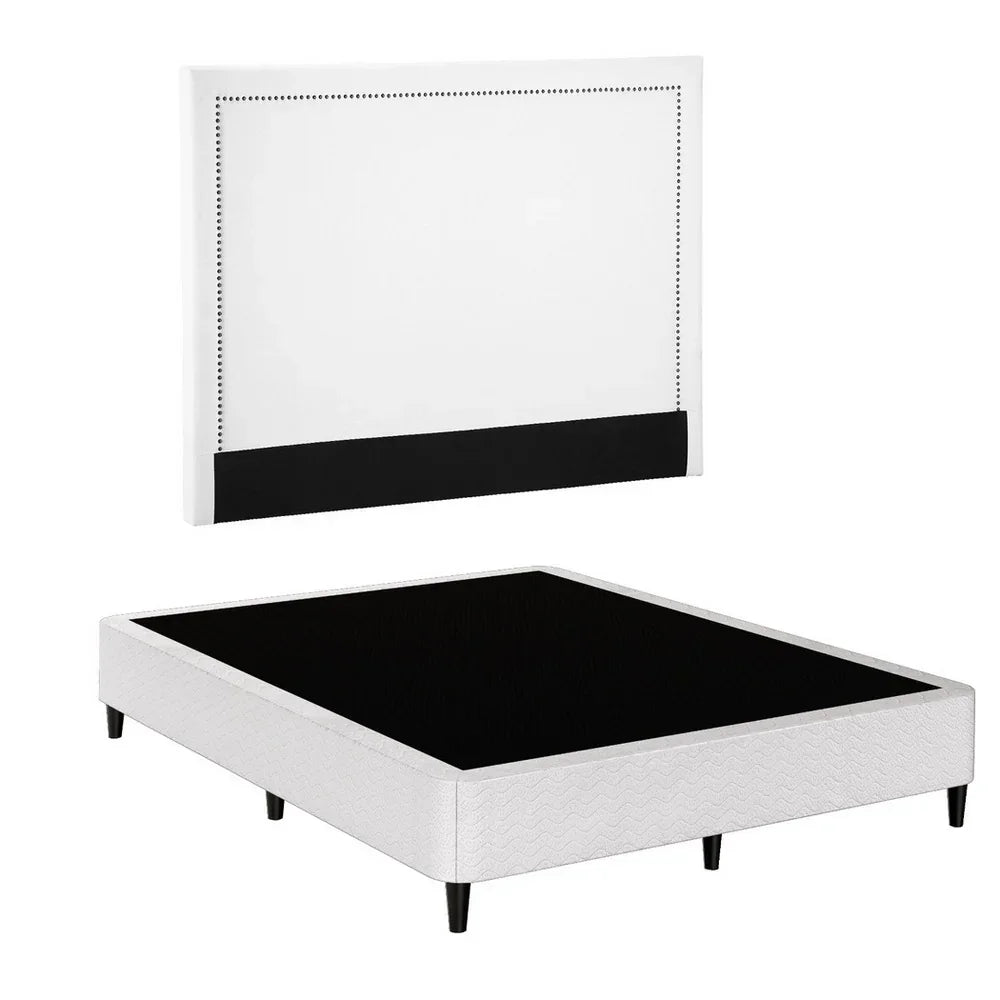 Queen Bed Frame with Headboard Platform Bed Base Grey Beige Fabric Metal