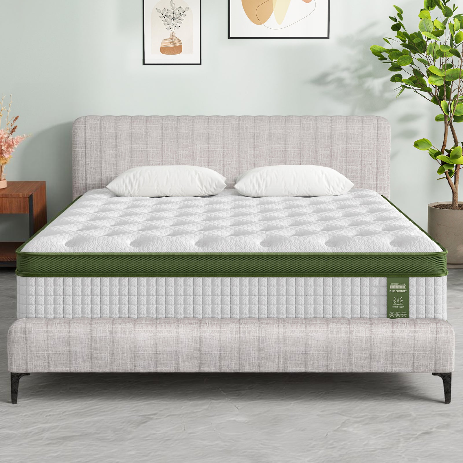 Queen Bed Frame with Mattress Set Platform Base Pocket Coil Linen Upholstered