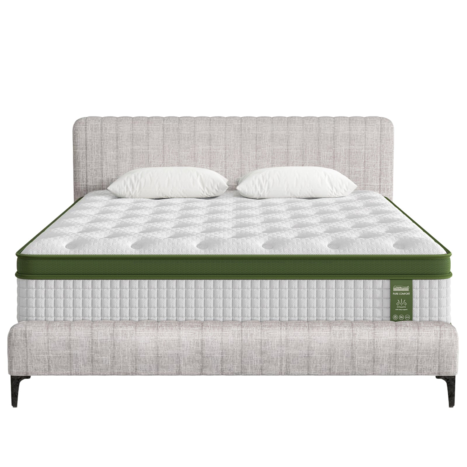 Queen Bed Frame with Mattress Set Platform Base Pocket Coil Linen Upholstered