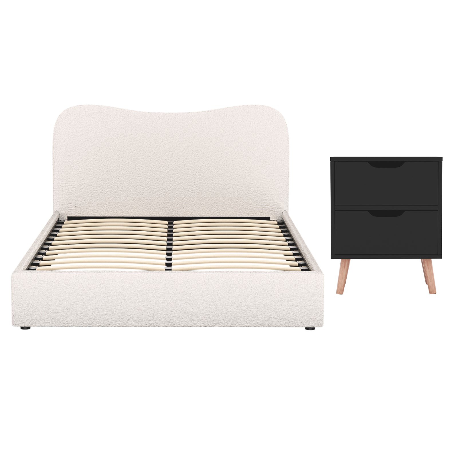 Double Bed Frame and Bedside Table Set Boucle Beige with Headboard Black Nightstand