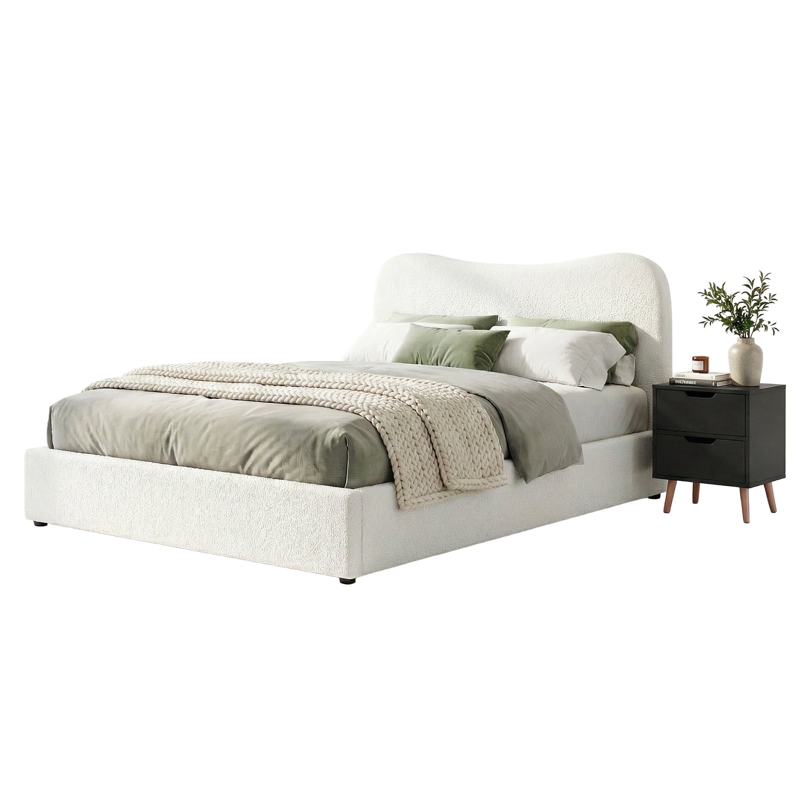 Double Bed Frame and Bedside Table Set Boucle Beige with Headboard Black Nightstand