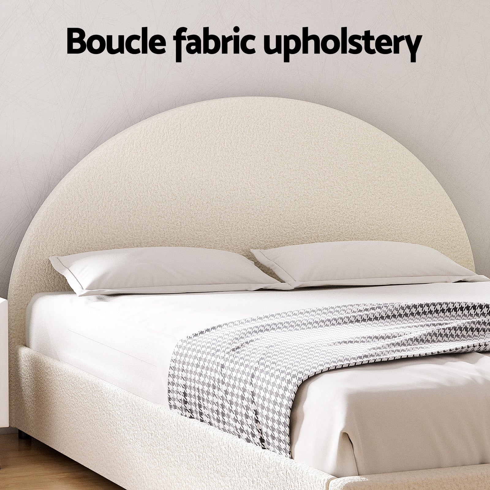 Queen Bed Frame Bedside Table Set Gas Lift Storage Base with Boucle Fabric Upholstered Headboard 2 Drawer Nightstand for Bedroom Furniture