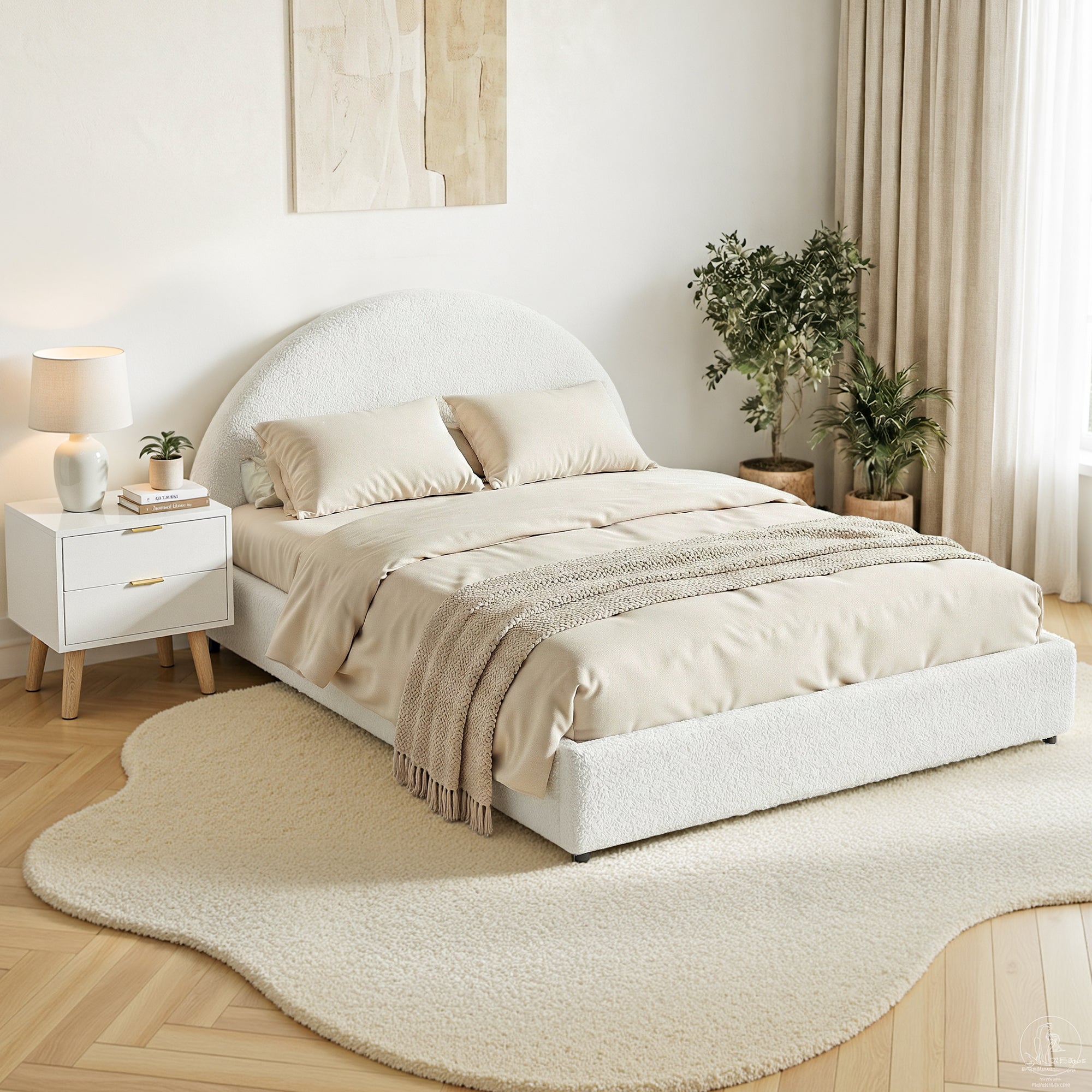 Queen Bed Frame Bedside Table Set Gas Lift Storage Base with Boucle Fabric Upholstered Headboard 2 Drawer Nightstand for Bedroom Furniture