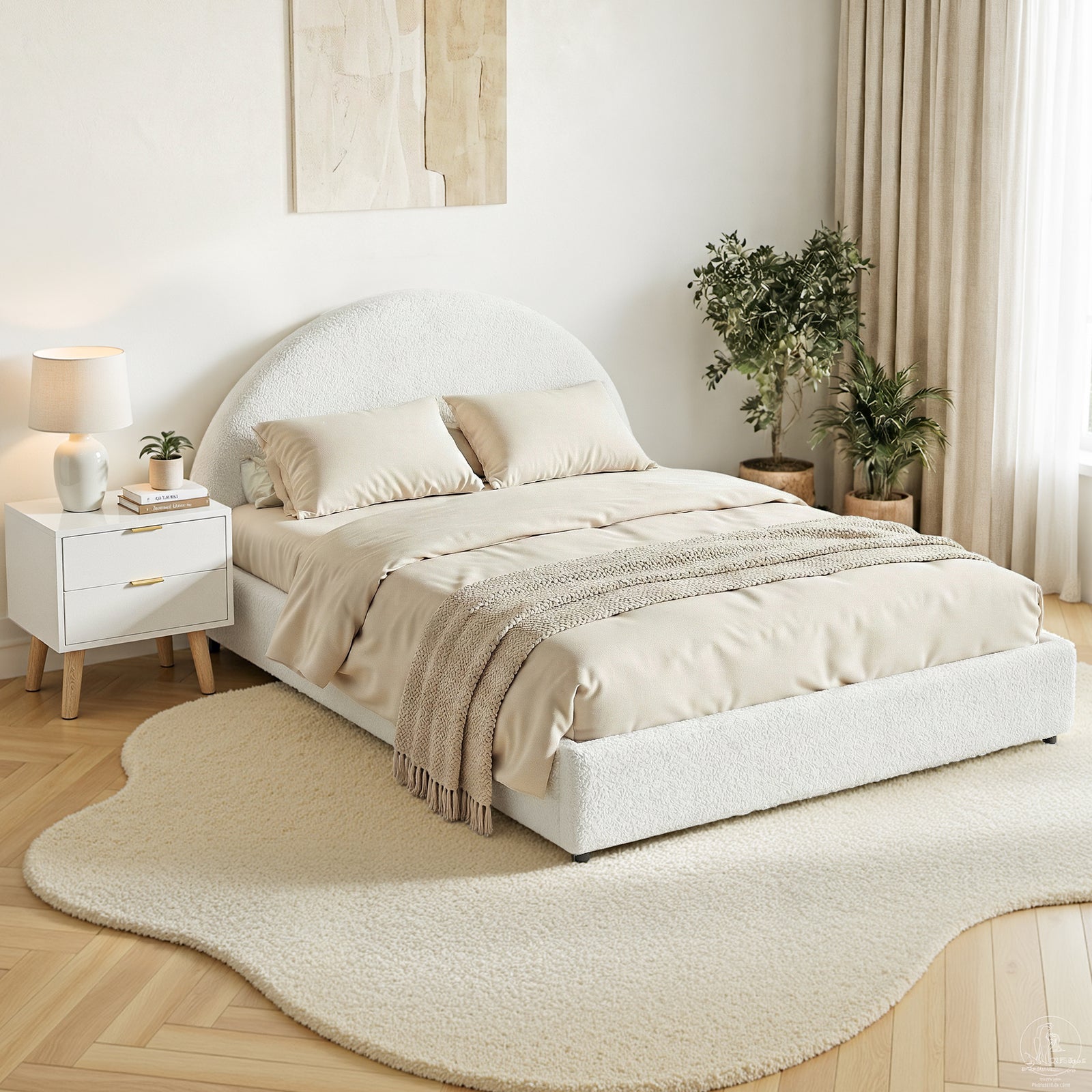 Queen Bed Frame Bedside Table Set Gas Lift Storage Base with Boucle Fabric Upholstered Headboard 2 Drawer Nightstand for Bedroom Furniture