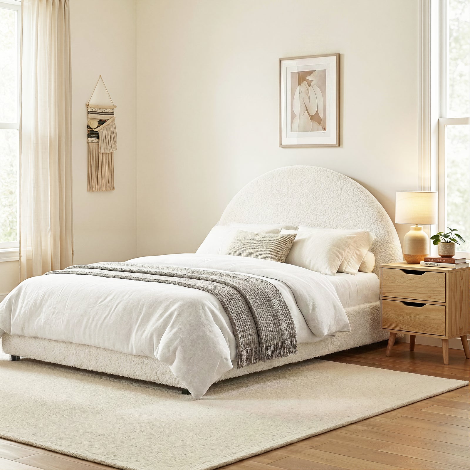 Gas Lift Queen Bed Frame with Bedside Table Set Boucle Fabric Upholstered Platform Bed Nightstand