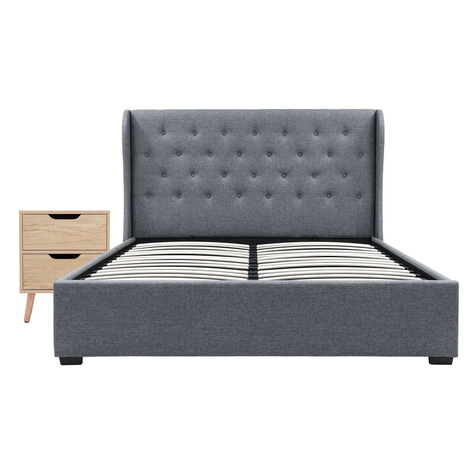 Gas Lift Queen Bed Frame and Bedside Table Set 2 Drawer Nightstand Bedroom Furniture Bundle
