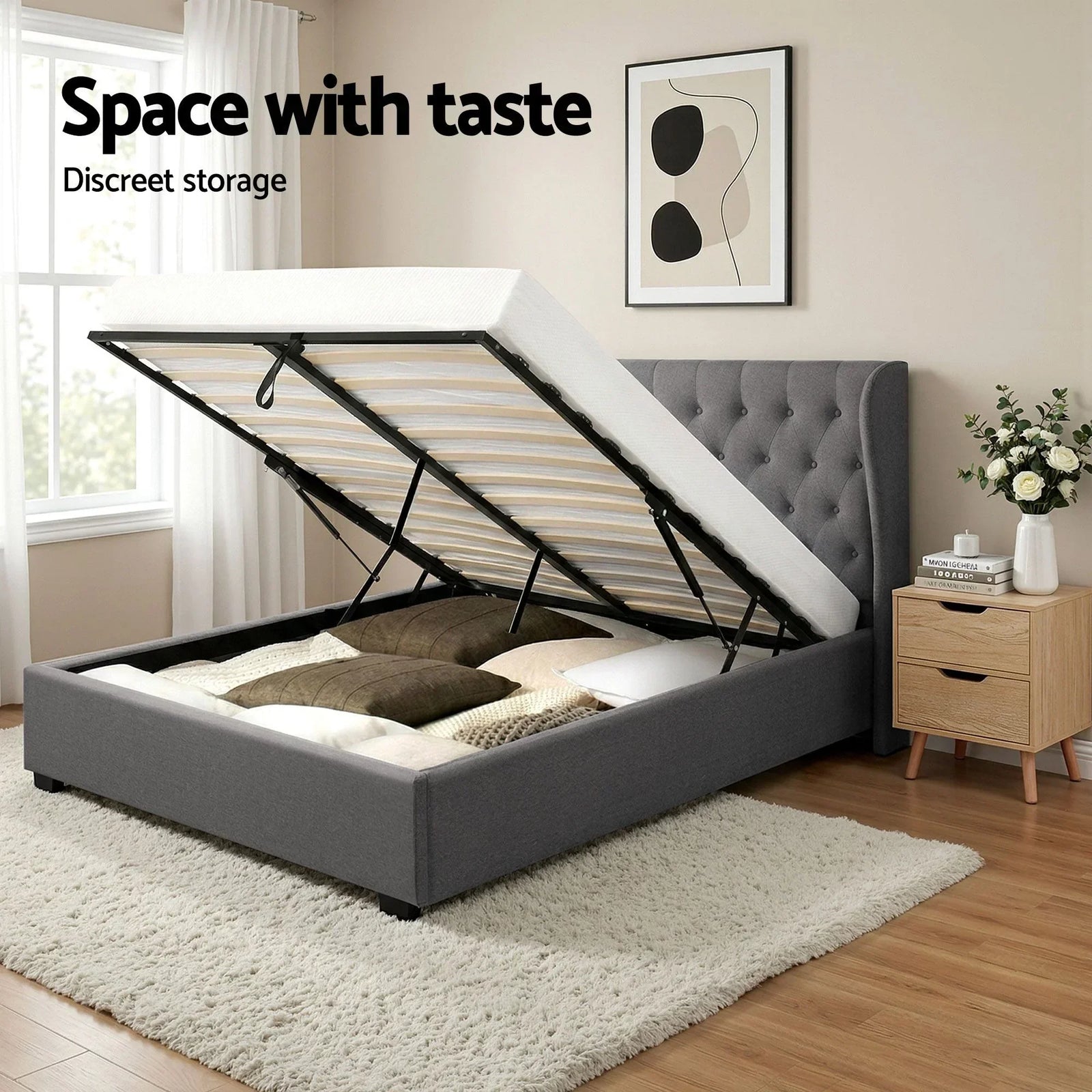Gas Lift Queen Bed Frame and Bedside Table Set 2 Drawer Nightstand Bedroom Furniture Bundle