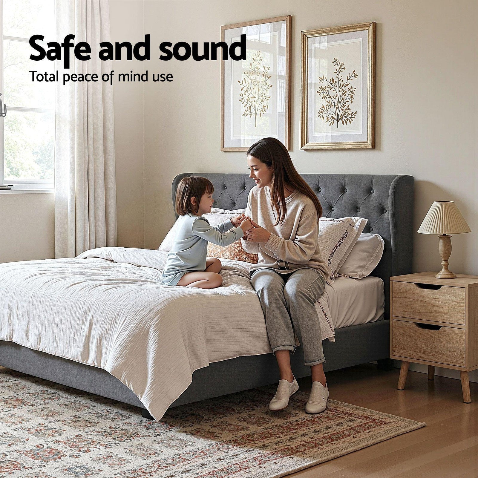 Gas Lift Queen Bed Frame and Bedside Table Set 2 Drawer Nightstand Bedroom Furniture Bundle