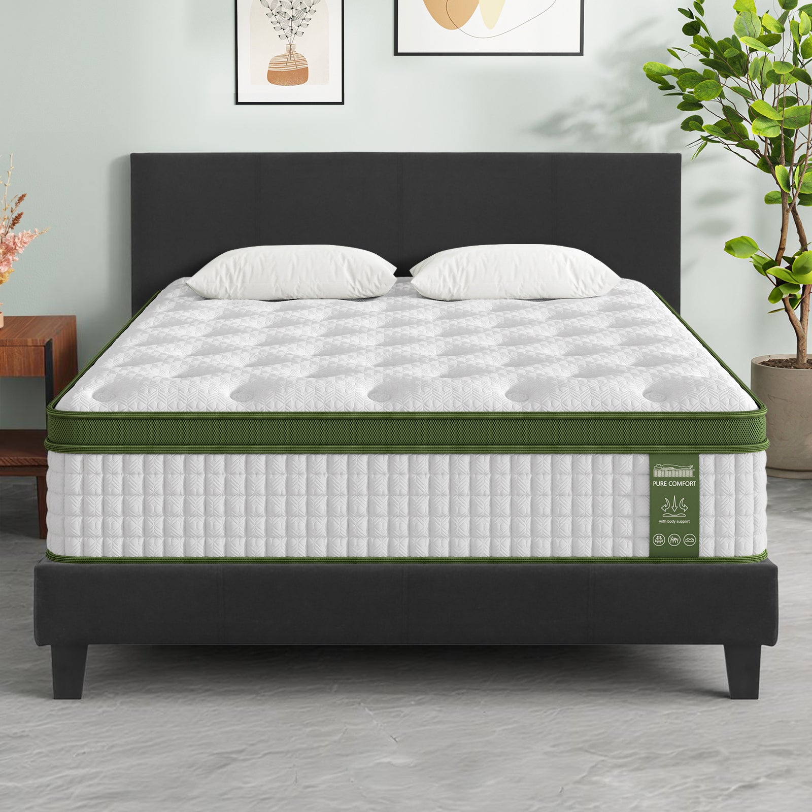 Queen Bed Frame Mattress Set Platform Upholstered Hybrid Pocket Coil