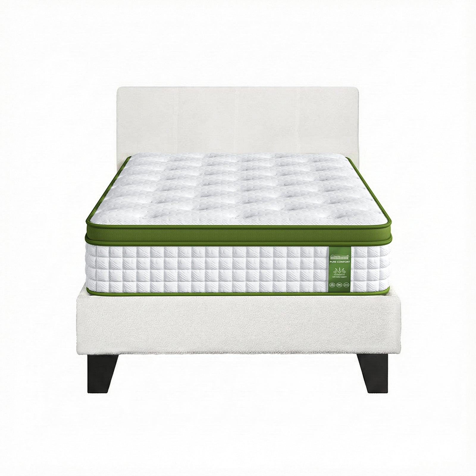 Single Bed Frame with Hybrid Mattress Set 30cm Medium Firm Platform Headboard Boucle Upholstered Pocket Coil for Pressure Relief