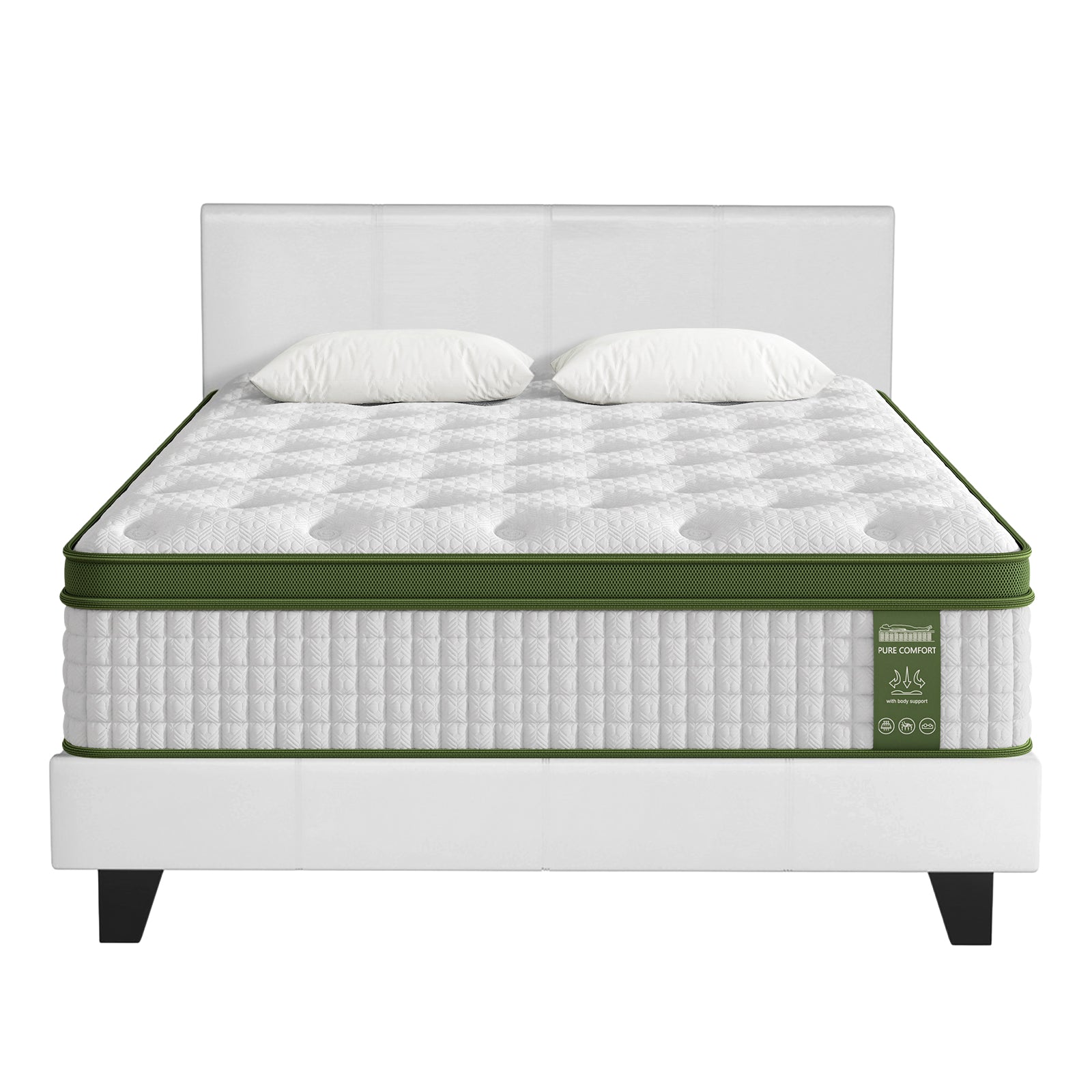 Double Bed Frame and Hybrid Mattress Bundle with Headboard White