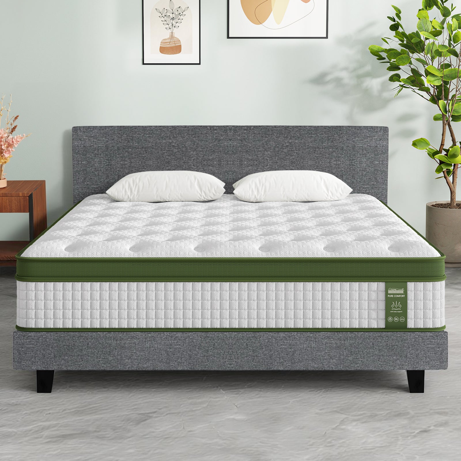 King Bed Frame Set With Hybrid Mattress Medium Firm Linen Grey