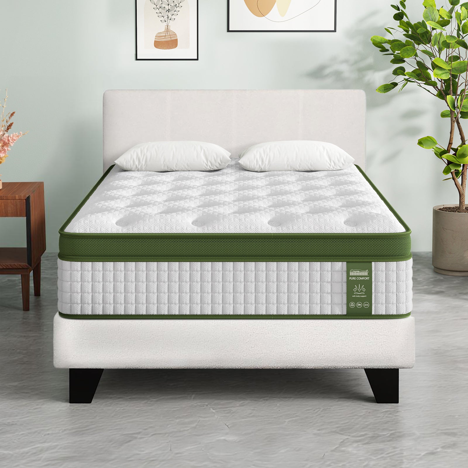 King Single Bed Set with Hybrid Mattress Upholstered Platform White Boucle Fabric