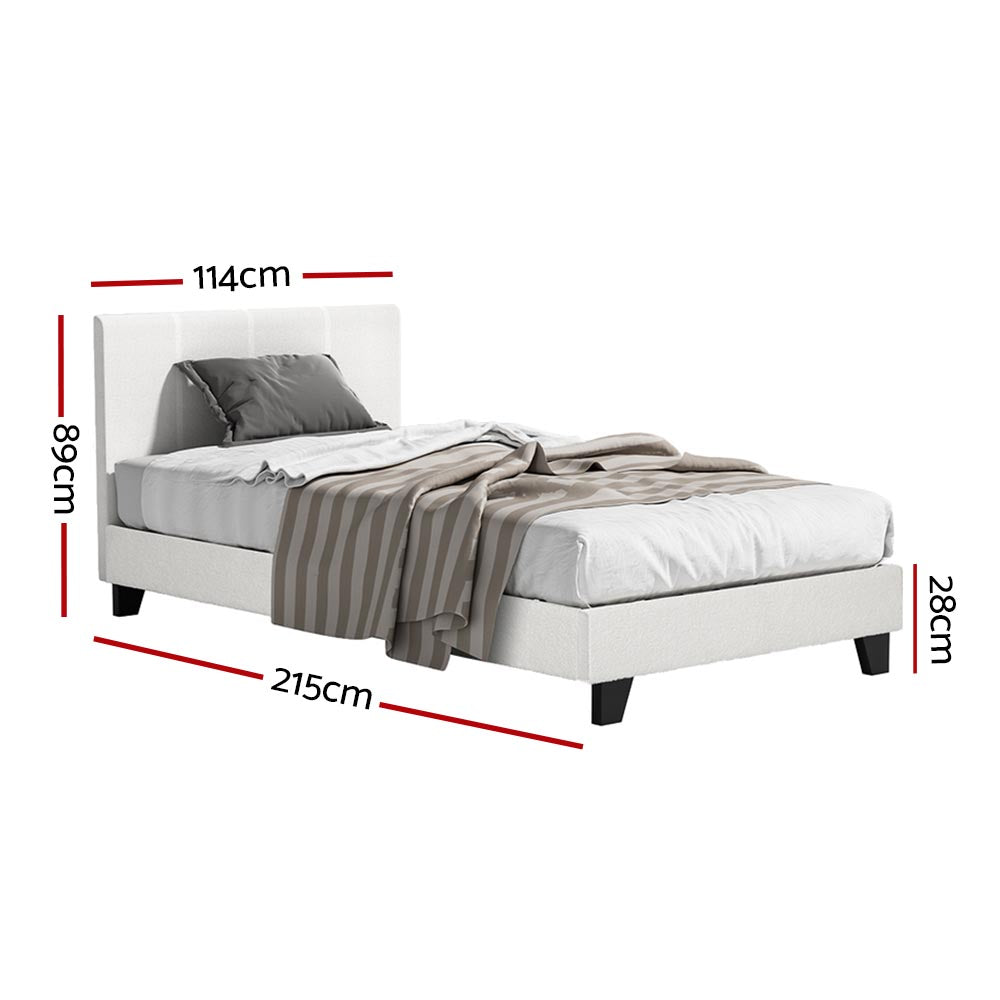 King Single Bed Set with Hybrid Mattress Upholstered Platform White Boucle Fabric