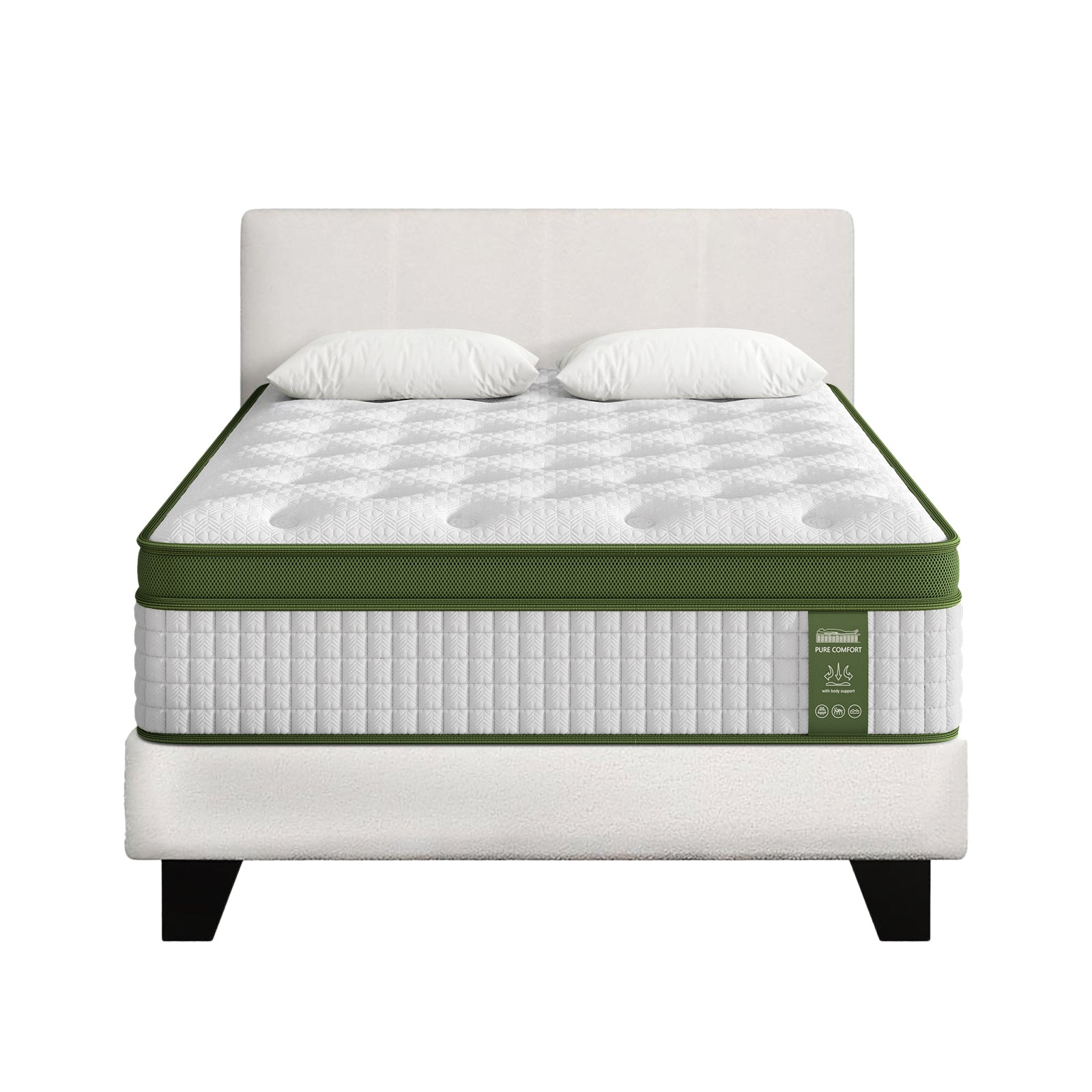 King Single Bed Set with Hybrid Mattress Upholstered Platform White Boucle Fabric