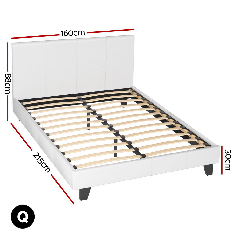 Queen Bed Frame Set with Hybrid Mattress and Leather Frame Medium White