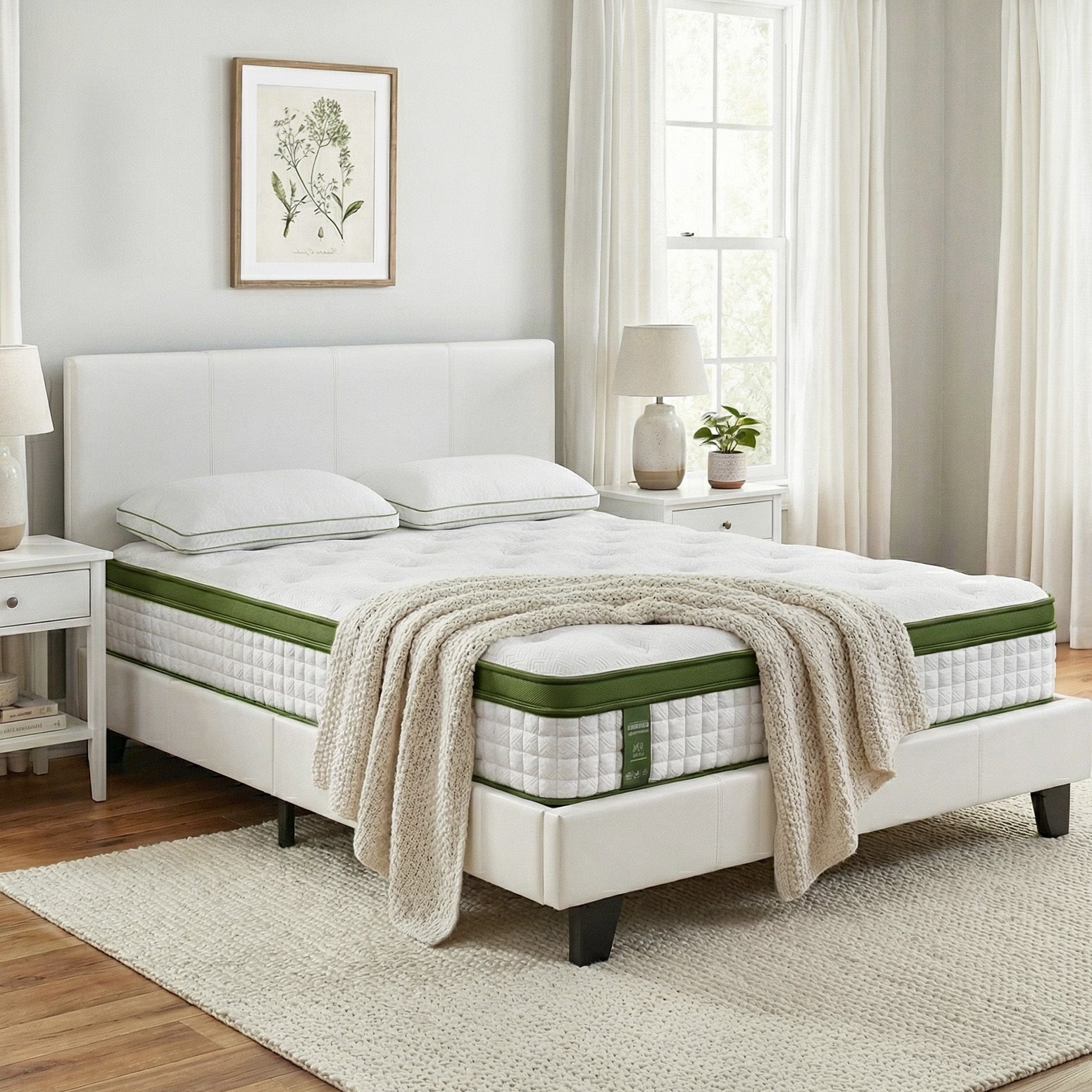 Double Bed Frame Platform White PVC Leather Hybrid Mattress Modern