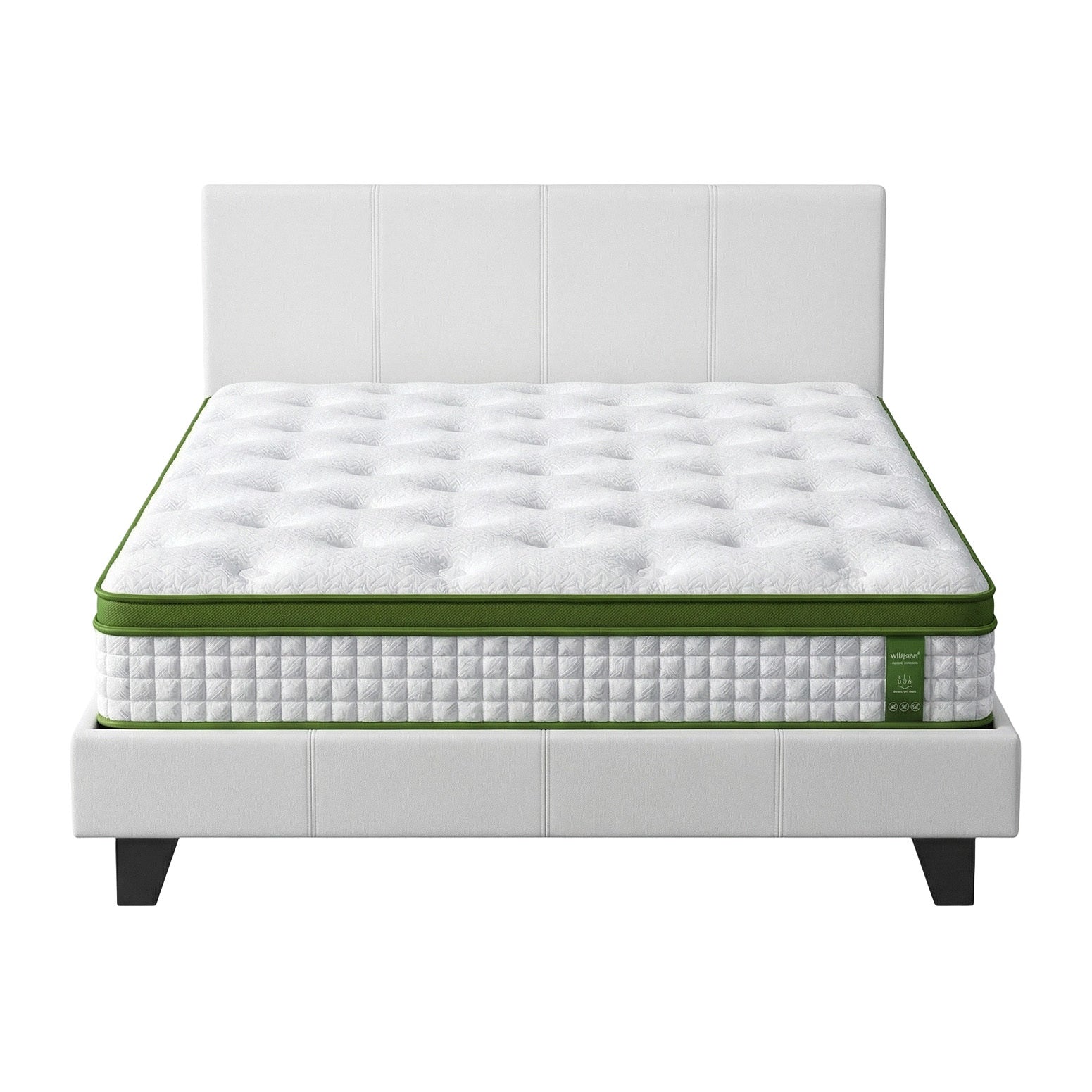 Double Bed Frame Platform White PVC Leather Hybrid Mattress Modern